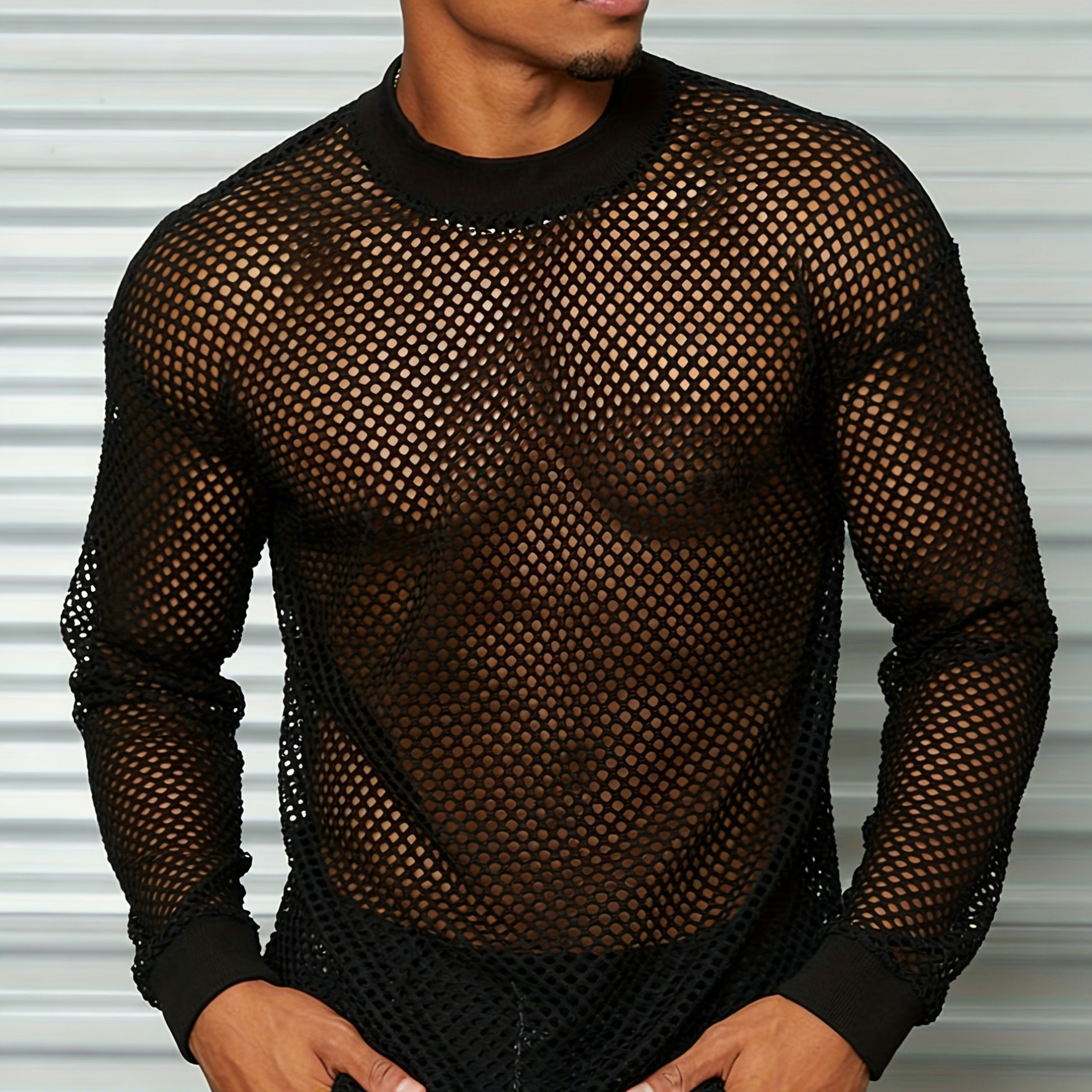 ウェア Knit Mesh Cool Long Tee (black) mesh t shirt mens cool long sleeve summer knit - Temu