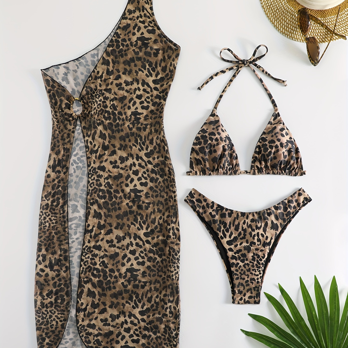 

Women's Leopard Print 3pcs Swimsuit Set - Halter Neck, High Stretch Fabric With Tie Detail & Matching Cover-up Skirt