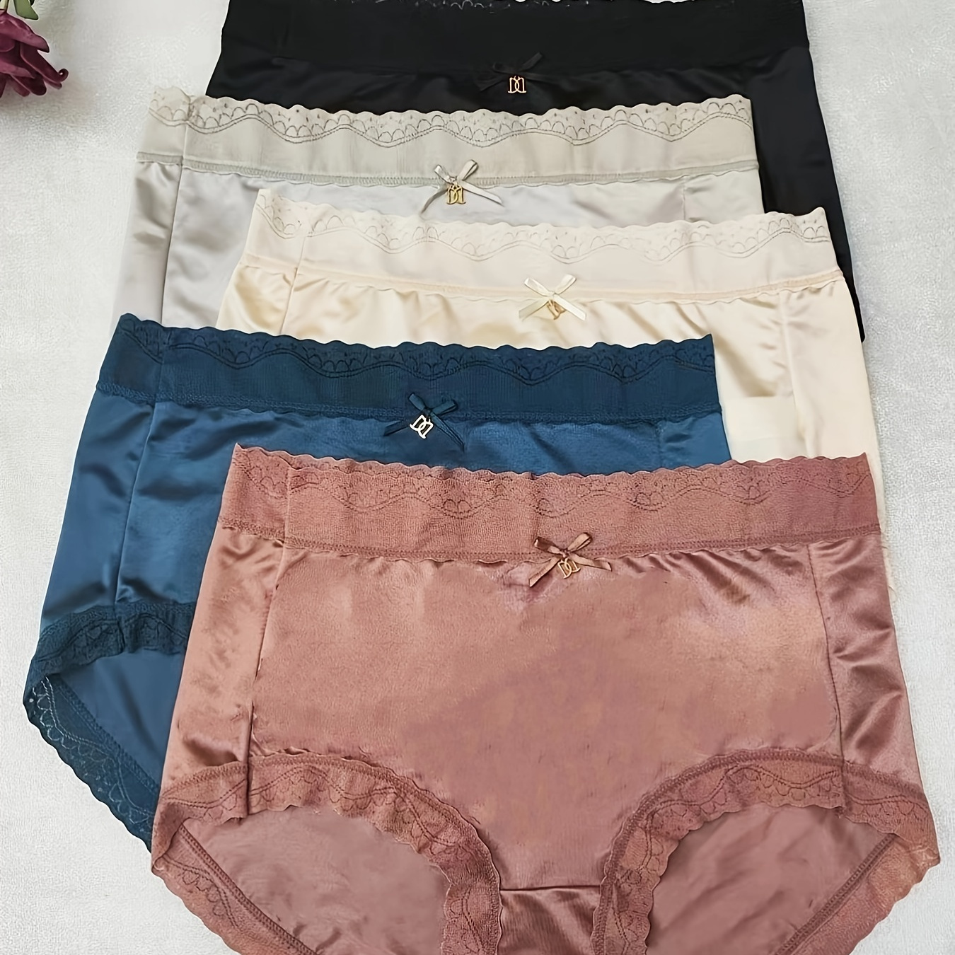 

5pcs Slips En Satin À Bordure En Dentelle, Culottes Intimes Confortables Et Sans Couture Avec Nœud Papillon, Lingerie Et Sous-vêtements Pour Femmes