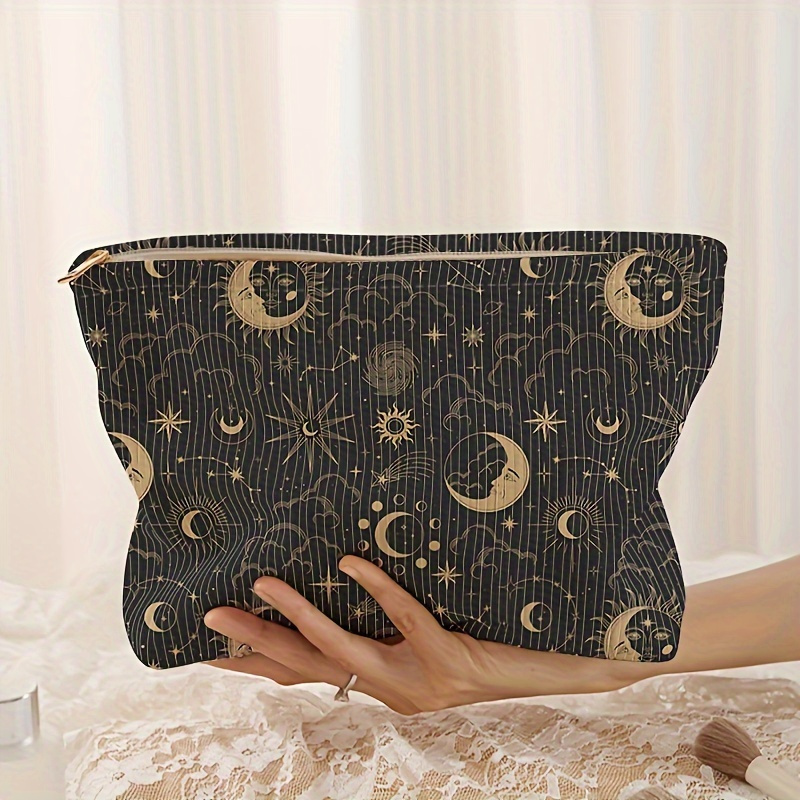 

Sac de rangement zippé en velours côtelé imprimé motif lune galaxie, trousse de maquillage légère, trousse de toilette multifonction avec doublure intérieure.