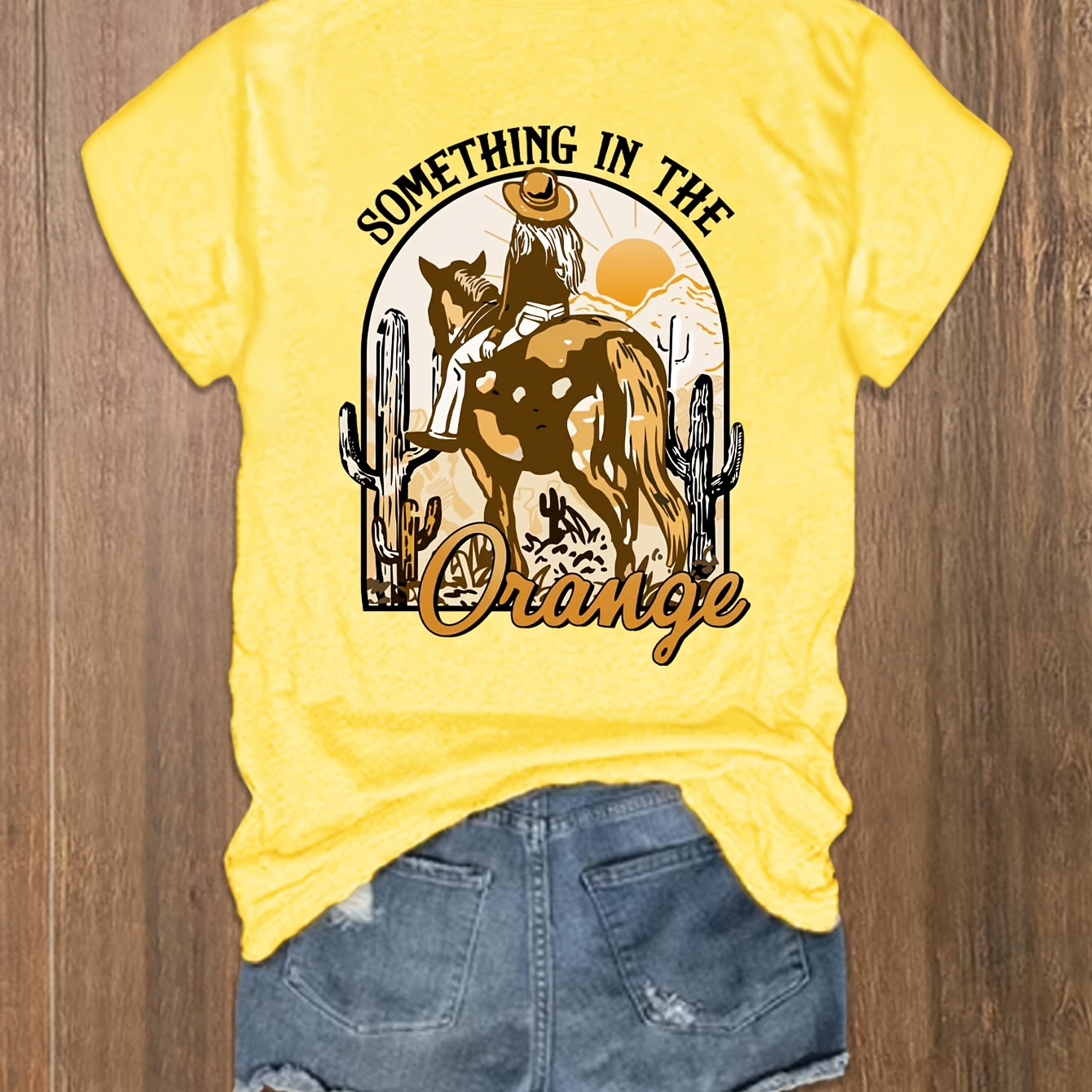 

Western Cowgirl Print T-shirt, Vintage Short Sleeve Crew Neck Top, Women's Clothing
