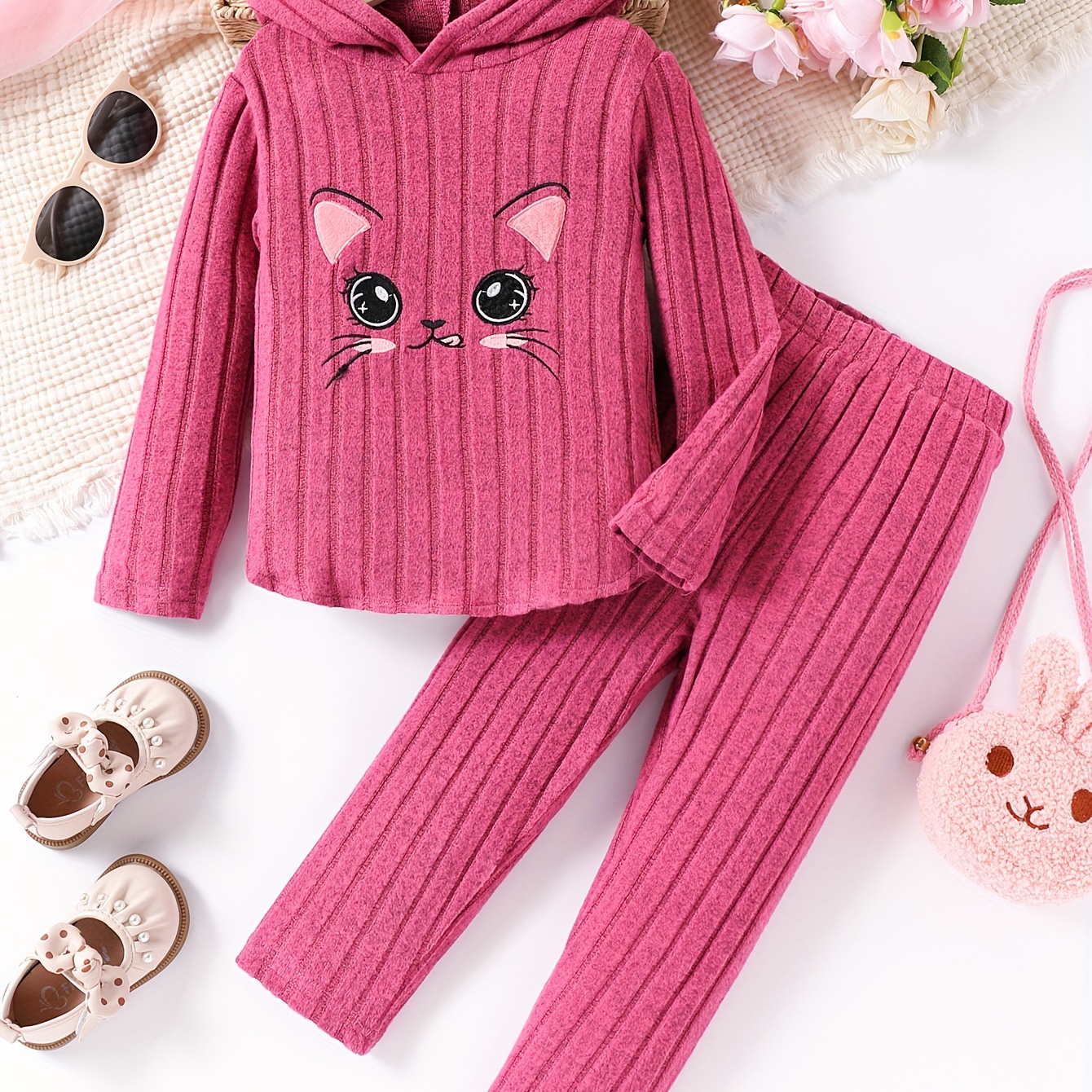 

Cute Cat Print Hoodie And Pants Set For Girls - Autumn Knit Fabric, Polyester And Spandex, Long Sleeve, Embroidered Animal Pattern, Comfortable Casual Wear For Daily And Parties