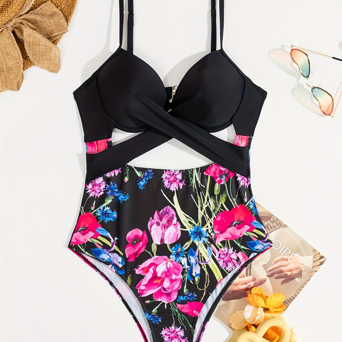 

Floral Print Criss Cross Spaghetti Strap One-piece Swimsuit, Cut Out Stretchy Elegant Bathing Suits, Women's Swimwear & Clothing