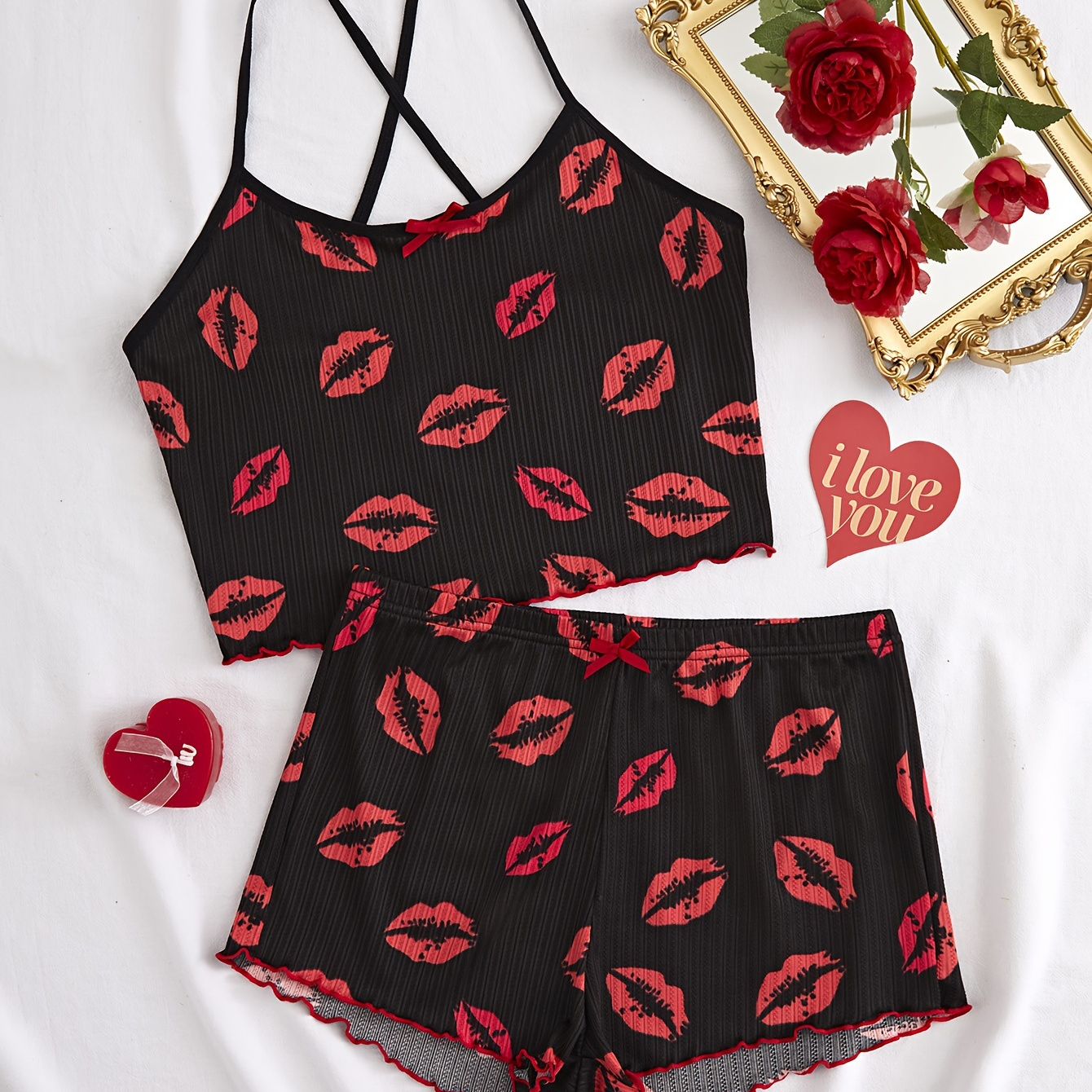 

Valentine's Day Red Lip Print Ribbed Pajama Set, Bow Decor Crew Neck Cross Strappy Backless Crop Cami Top & Elastic Shorts, Women's Sleepwear & Loungewear