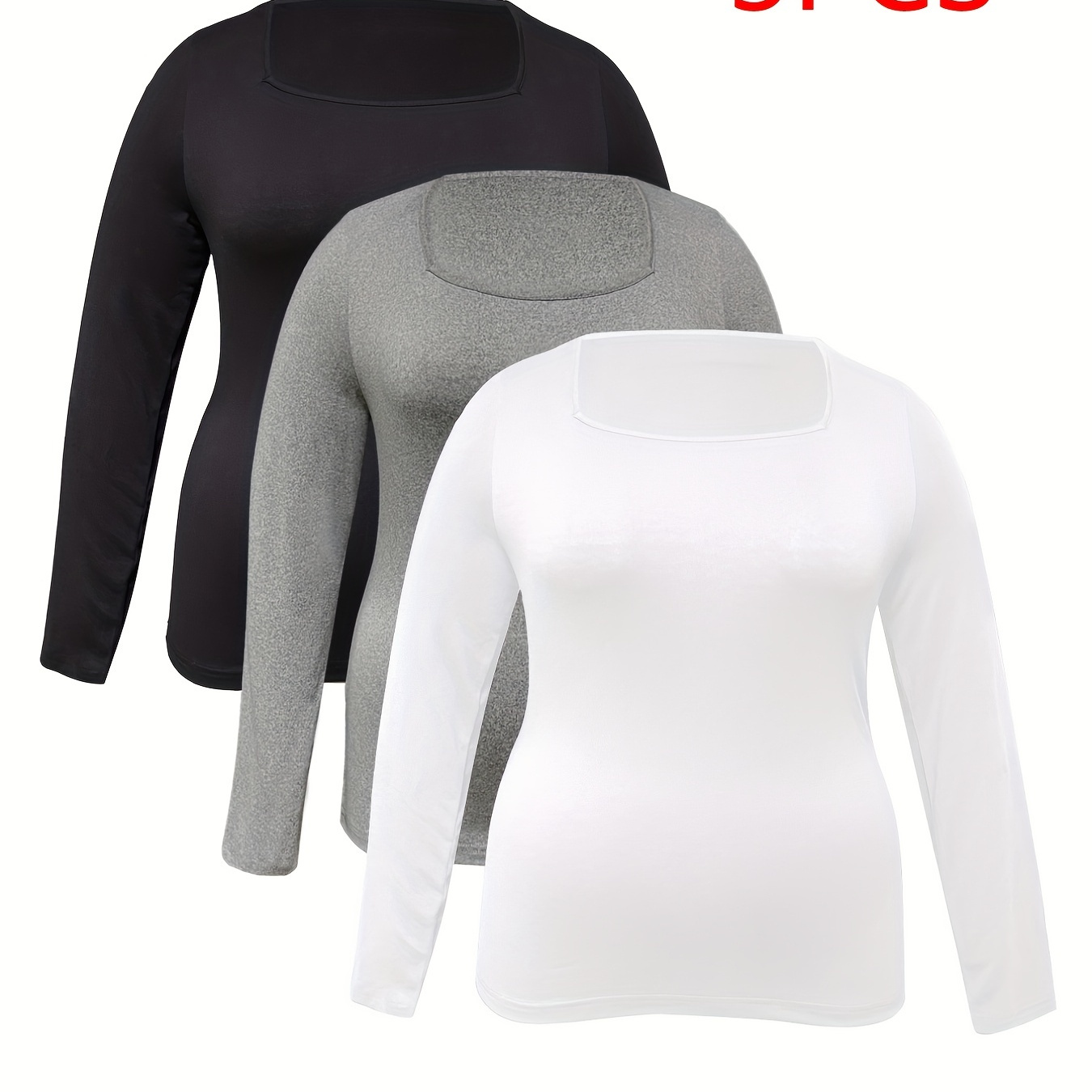 3 Pack Plus Size Basic Top Set, Women's Plus Solid Long Sleeve Square Neck  Medium Stretch Slim Fit Top Three Piece Set, Check Out Today's Deals Now