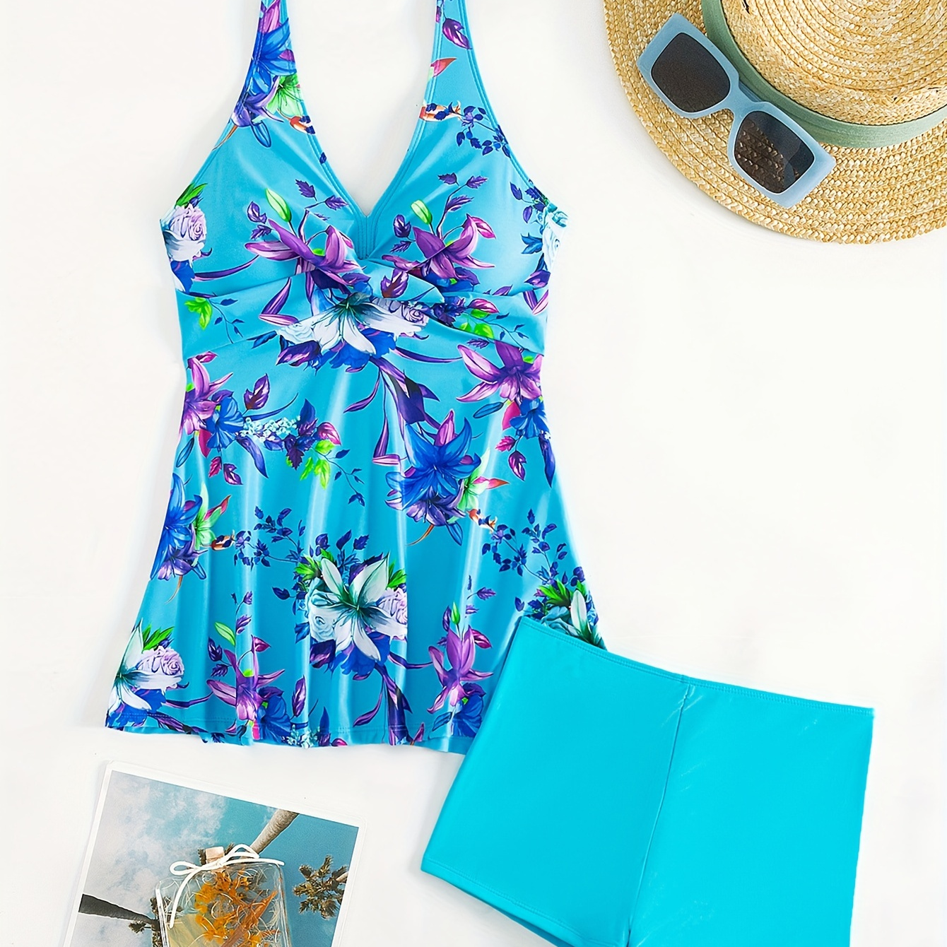 

Tropical Print 2 Piece Set Tankini, V Neck Stretchy Boxer Short Bottom Swimsuits, Women's Swimwear & Clothing