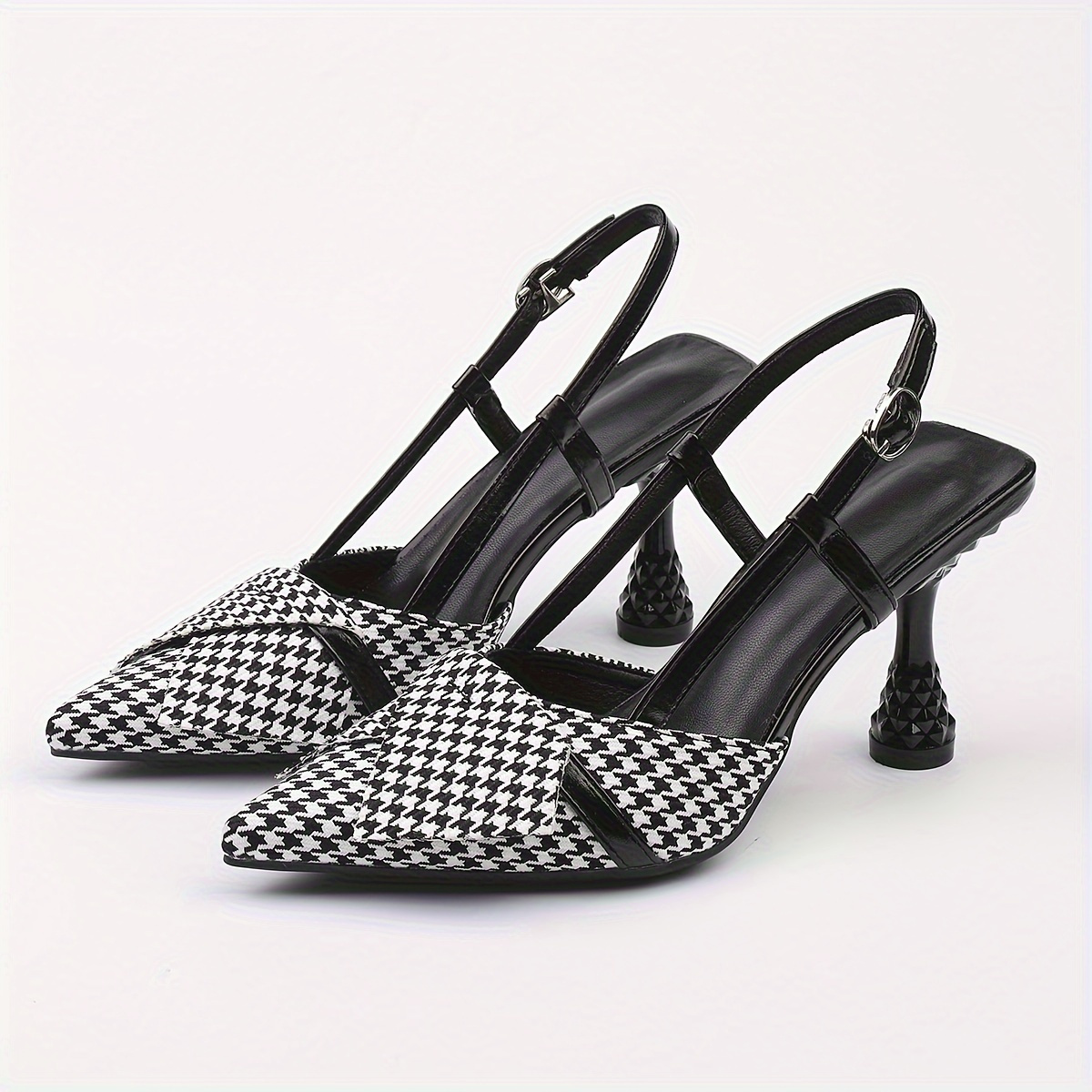 

Women's Pointed Toe Houndstooth High Heels, Elegant Slingback Sandals With Adjustable Strap, Stiletto Heel Chic Versatilefootwear