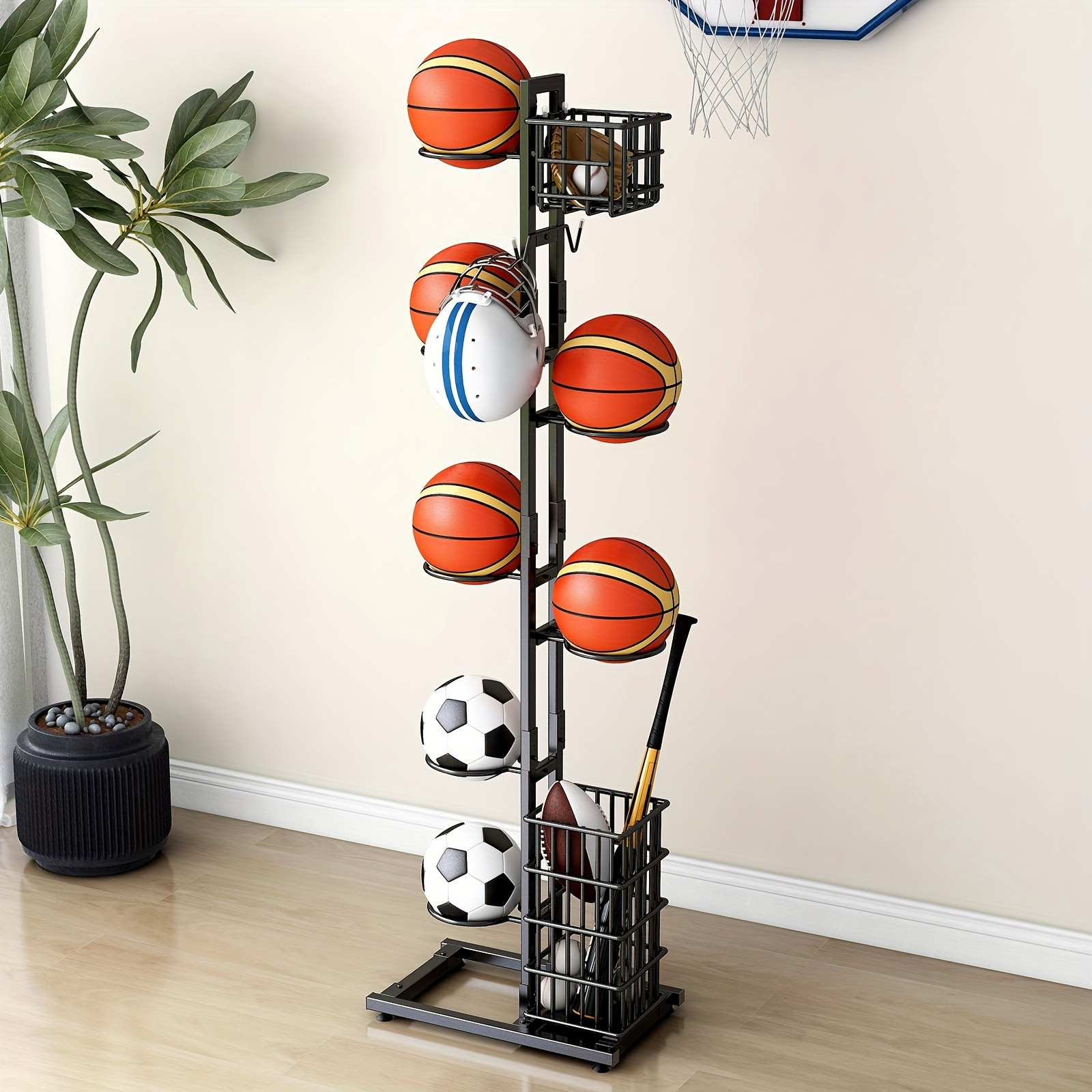 

1pc Freestanding Metal Sports Ball Organizer Rack, Multi-layer Basketball Storage Stand, Detachable Athletic Equipment Holder, Black