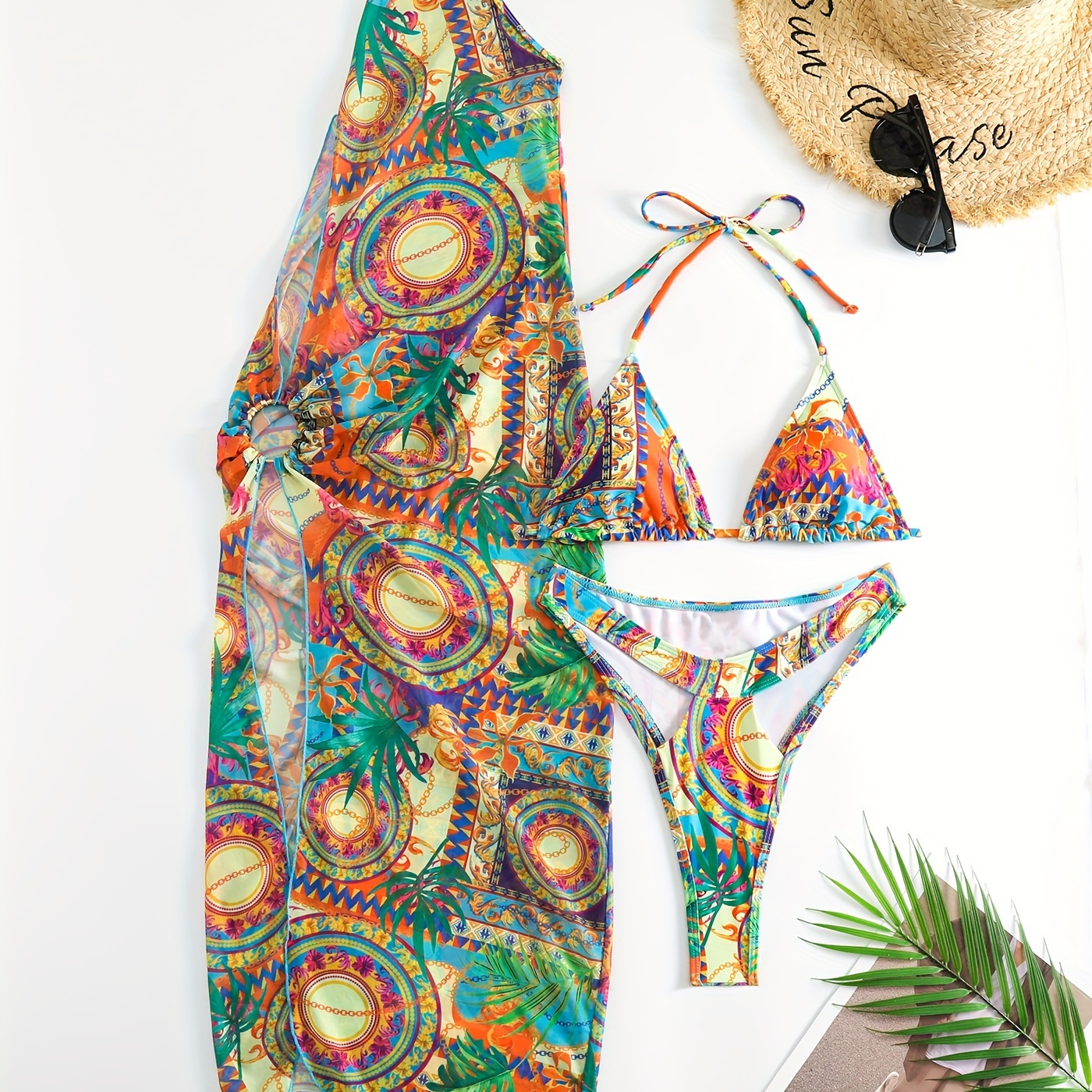 

3-pieces Tropical Print Bikini Sets, Halter V Neck High Cut With Ring-linked Cover Ups Swimsuit, Women's Swimwear & Clothing Triangle Top
