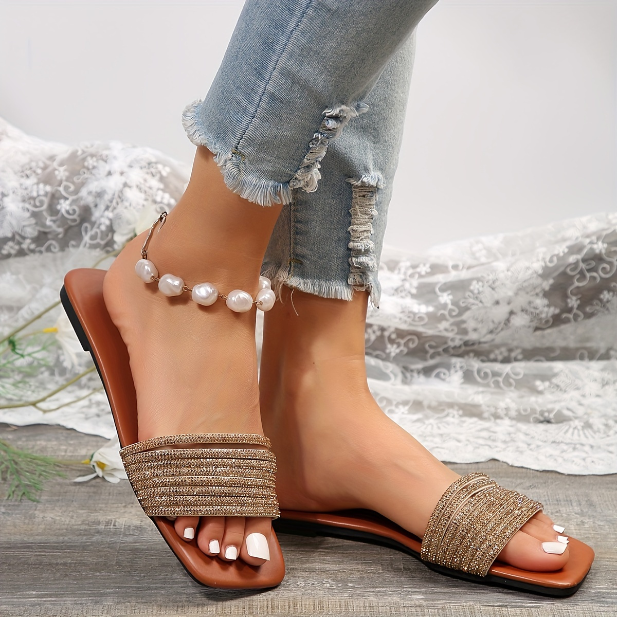 

Women's Rhinestone Decor Slide Sandals, Casual Quare Open Toe Flat Summer Shoes, Lightweight Slide Sandals