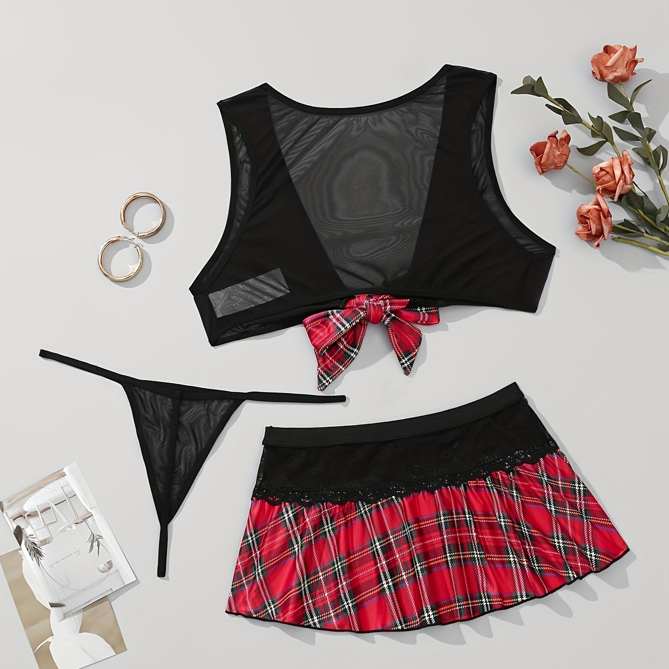 Naughty Role-Play Costume, Bow Mesh Bra & Plaid Skirt & Thong, Women's Sexy Lingerie & Underwear