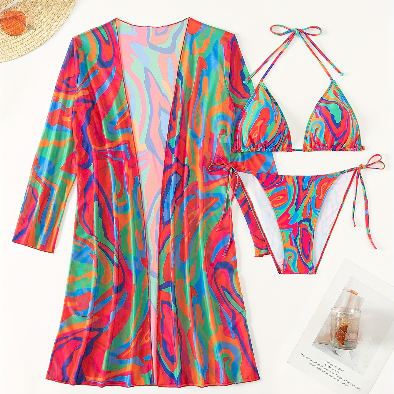 

Women's 3-piece Swimsuit Set, Stylish Sheer Mesh Bikini With Cover-up, Colorful Print, Beachwear For Summer Vacation