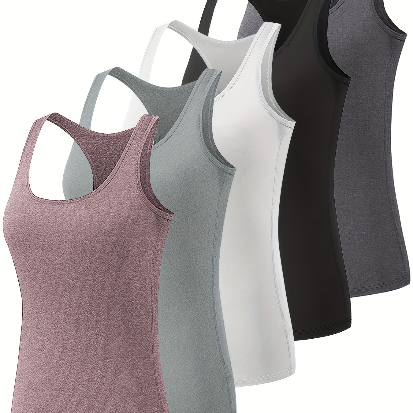 

5pcs Solid Color Sleeveless Vest Tops, Round Neck Racer Back Stretchy Vest T-shirts, Women's Activewear