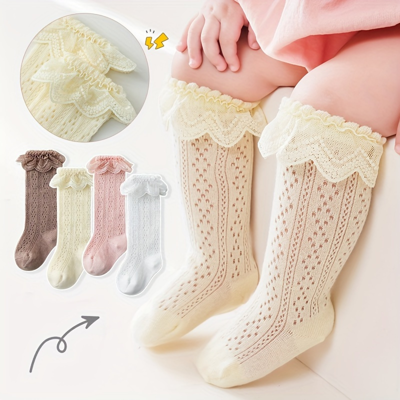 

3 Pairs Of Girl's Solid Striped Lace Knee High Socks, Breathable Cotton Blend Comfy Long Stockings, Children's Trendy Socks Daily Wear