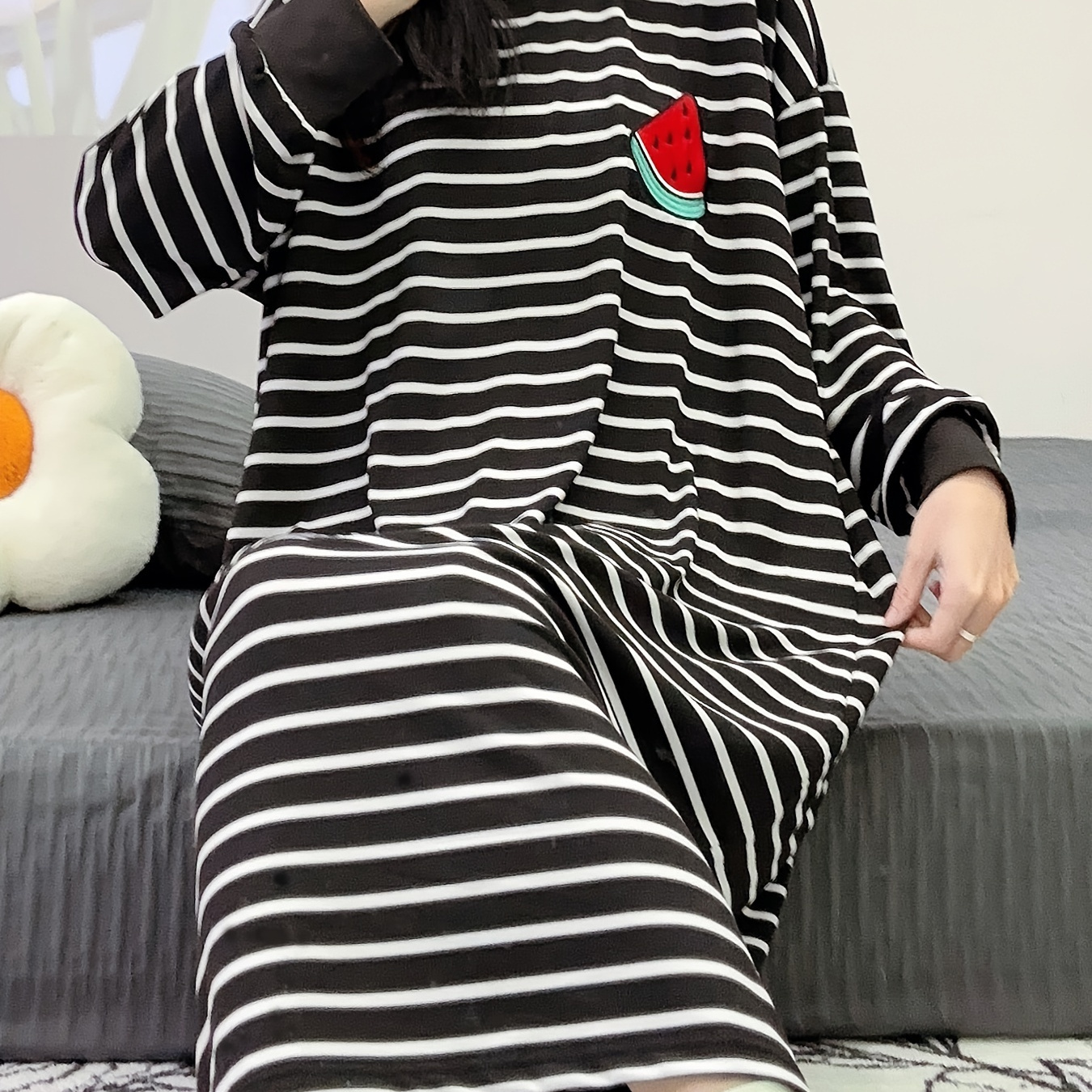 

Casual Watermelon & Print Lounge Dress, Long Sleeve Round Neck Loose Fit Midi Dress, Women's Loungewear