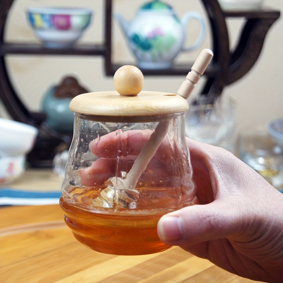 

1pc Glass Honey Jar With Bamboo Lid And Wooden Stirring Stick, Beehive Honey Pot, Honey Jam Storage Jar, Kitchen Storage Items