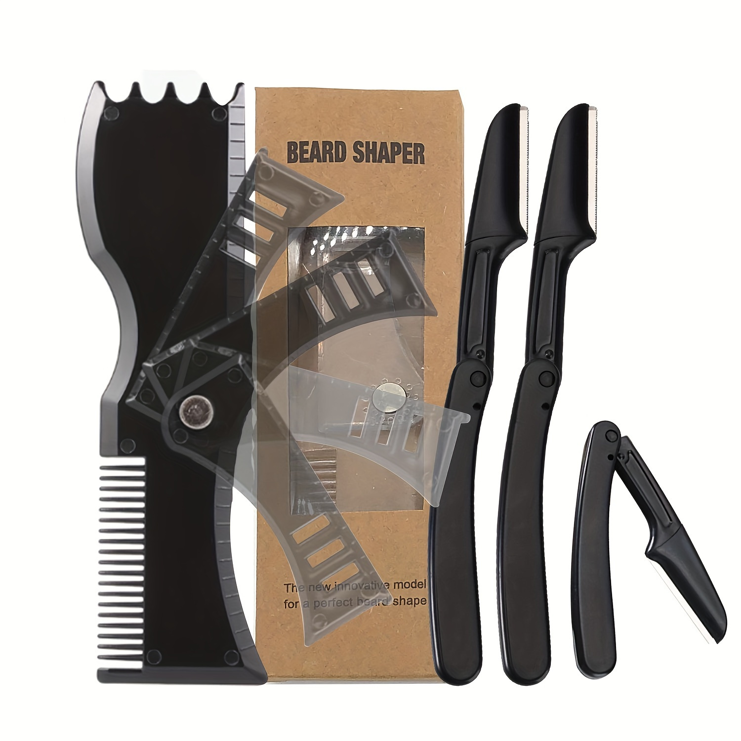 

Men's Beard Shaper Kit, Rotating Model Multiple Angle Beard Styling Comb Tool Set, Beard Styling Comb, Mini Folding Razor Eyebrow Trimmer