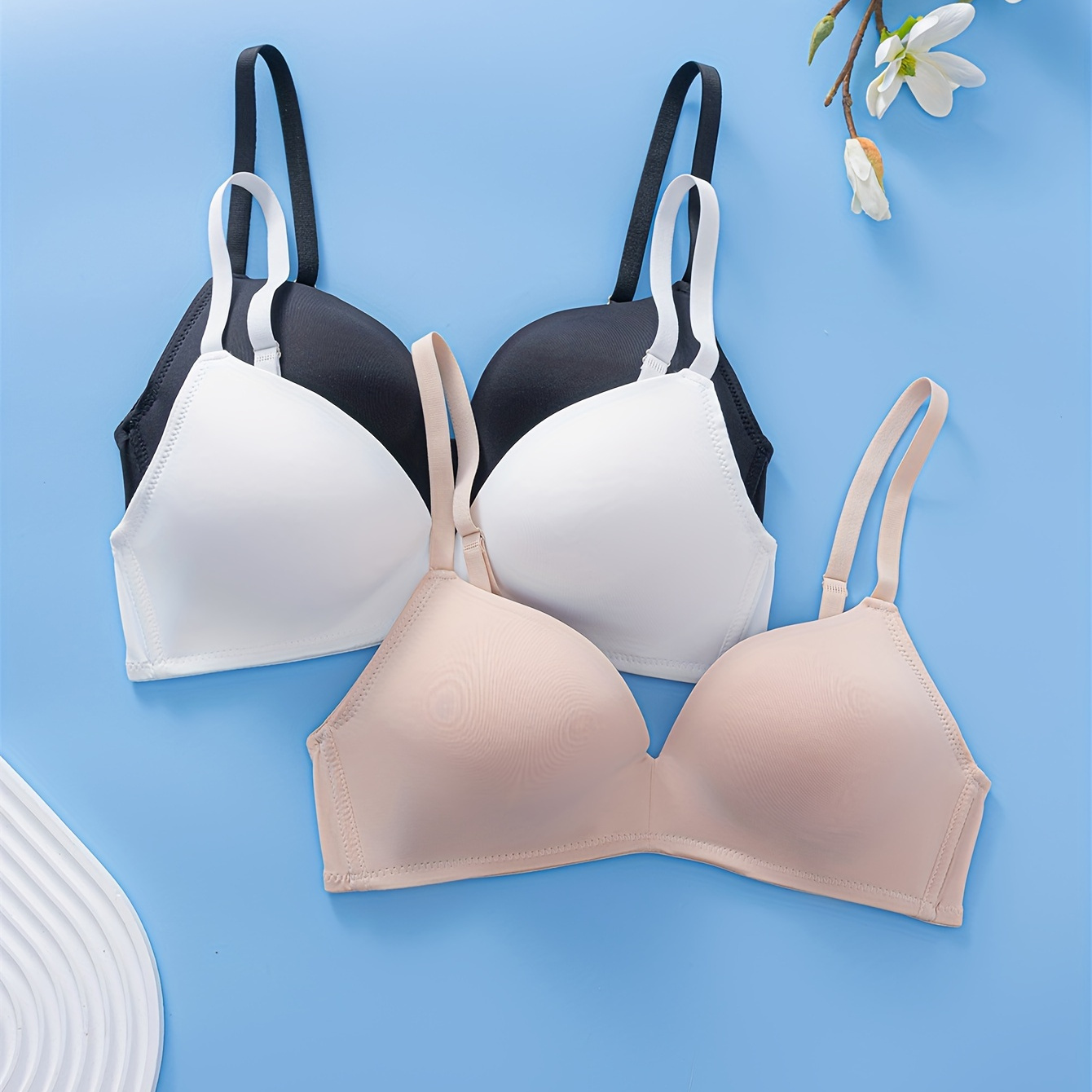 

3-pack Elegant Solid Color Polyamide Bra Set, High Support Wireless Push Up Bras With Non-removable Padding, Knit Fabric, 85% Polyamide 15% Elastane, 165gsm - Comfortable Adult Lingerie