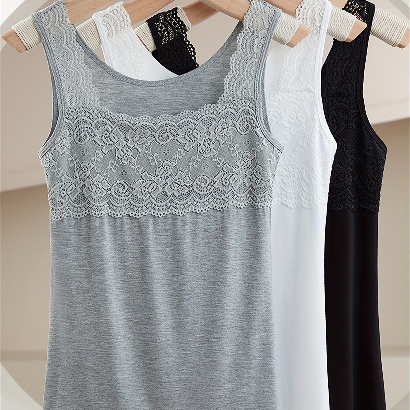 

3pcs Simple Solid Contrast Lace Tank Top, All-match Vest Top, Women's Lingerie & Underwear