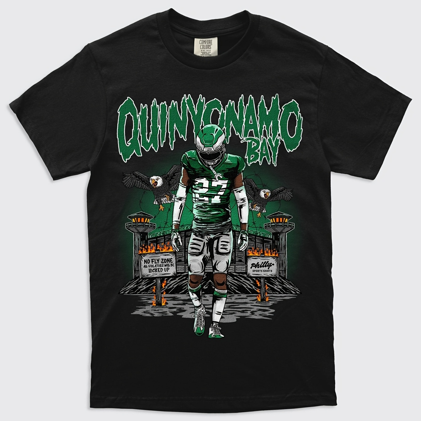 

Men's Quinyonamo Bay Graphic T-shirt - Soft Cotton, Round Neck, Short Sleeves, Vintage , Machine Washable, Black With Green And Orange Accents