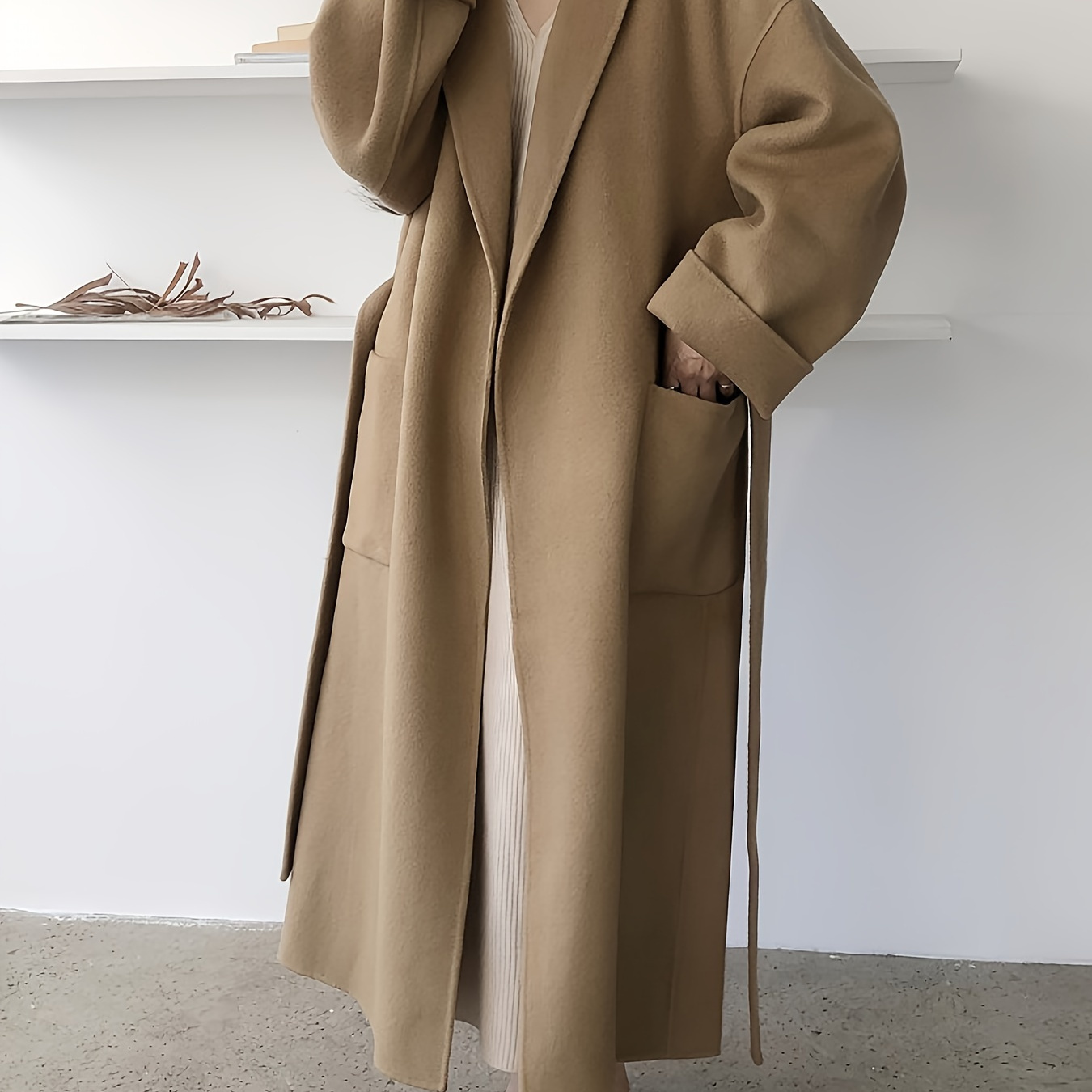 

Belted Lapel Overcoat, Long Length Outerwear For Fall & , Women's Clothing