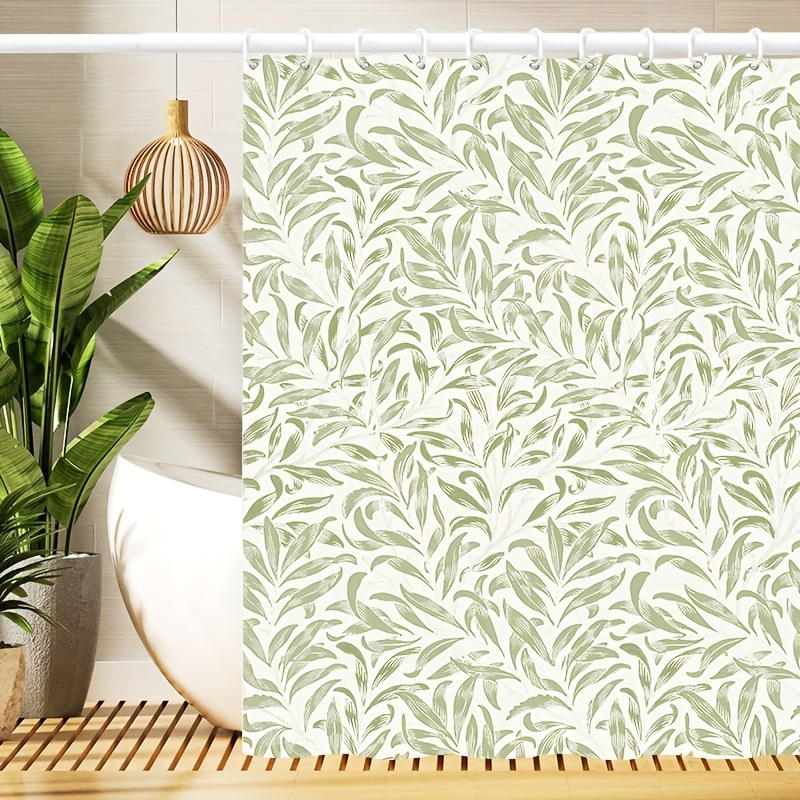 

Waterproof Green Leaf Shower Curtain With Hooks - 72x72 Inches, Floral Bathroom Decor