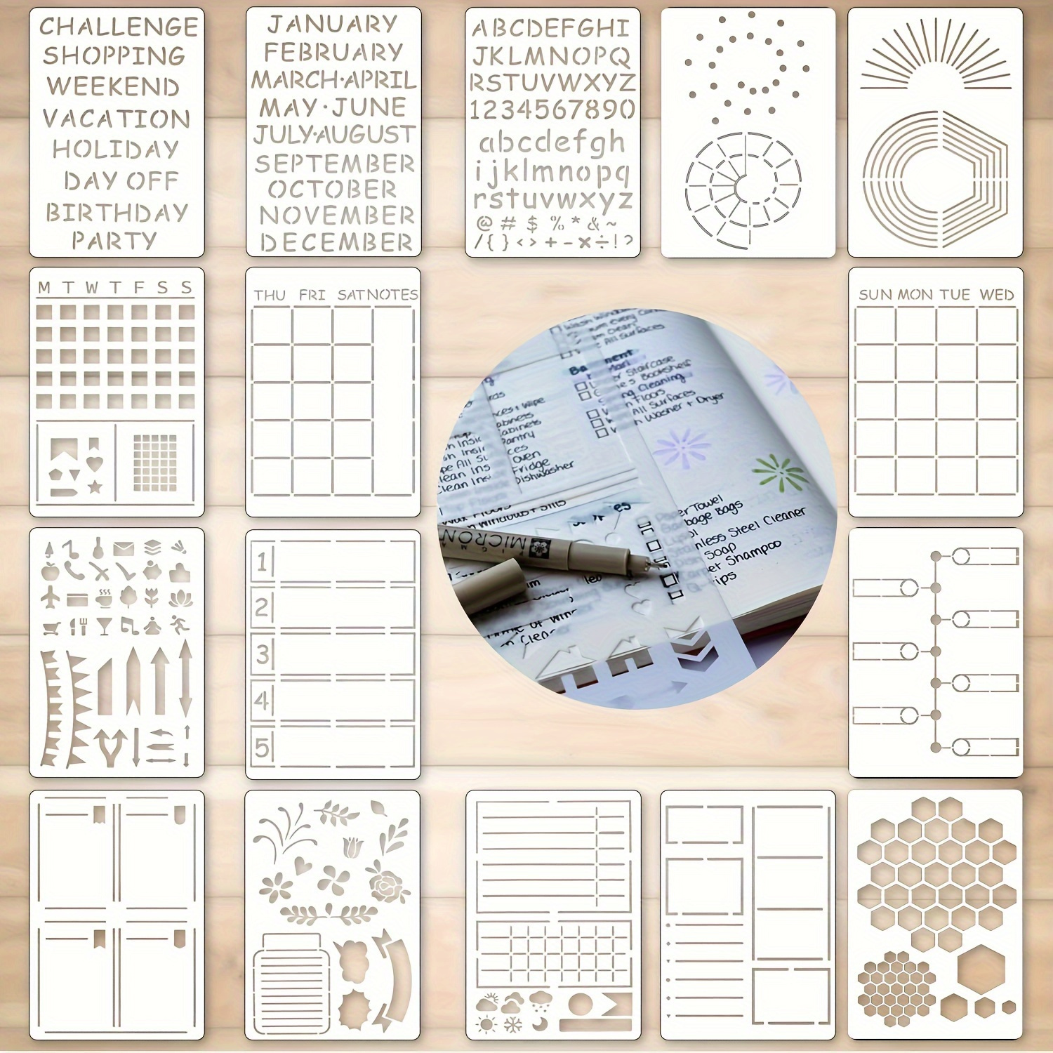 

16pcs Reusable Journaling & Planning Stencils For Diy Art, Crafts, Scrapbooking - Plastic Templates