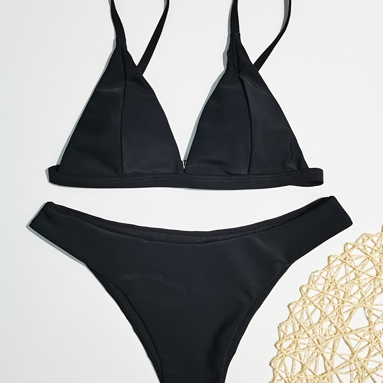

Plain Black V Neck 2 Piece Set Bikini, Stretchy Triangle Spaghetti Strap Swimsuits, Women's Swimwear & Clothing