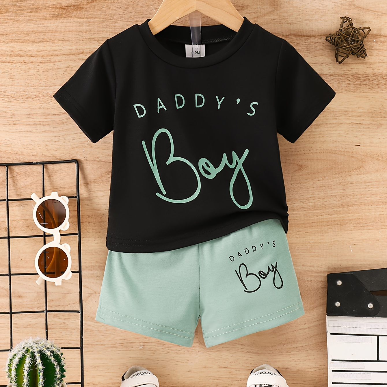 

2pcs "daddy's Boy" Print Casual Outfit For Infant & Toddler, T-shirt & Elastic Waist Shorts, Baby Boy's Clothes For Summer