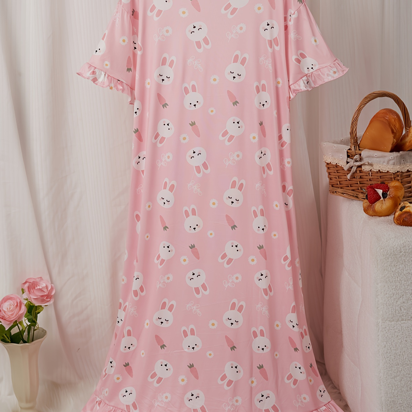 

Women's Cute Sleep Dress, Plus Size Rabbit & Carrot Print Short Sleeve Ruffle Trim Nightdress