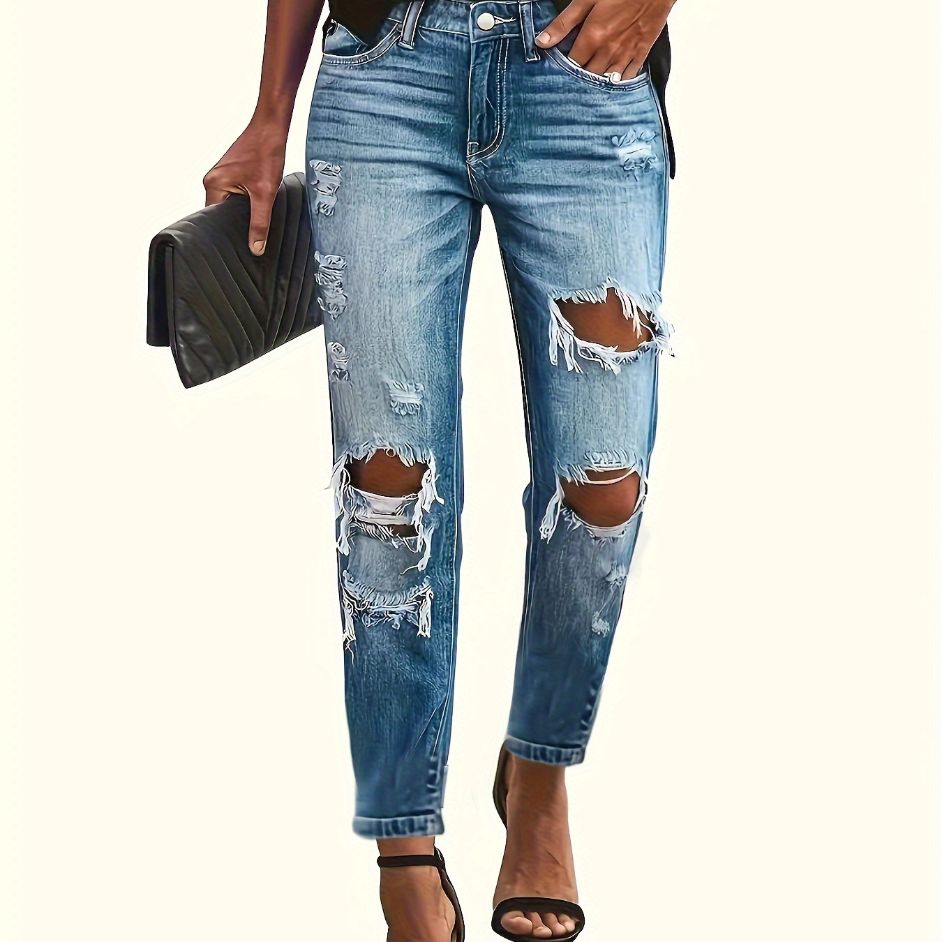 

Women's Ripped Skinny Jeans, Distressed Blue Denim, Street Style Fashion, Washed Long Pants With Frayed Holes For Fall