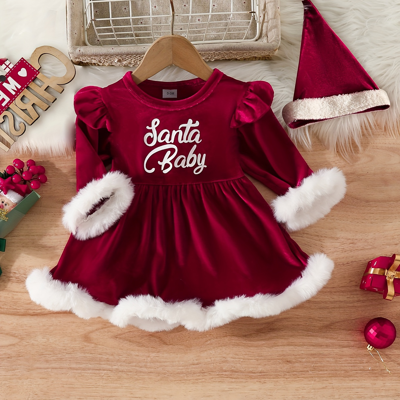 

2pcs Baby Christmas Letter Print Plush Long Sleeve Triangle Bodysuit Hairball Hat Set, Kid's Party Casual Clothes
