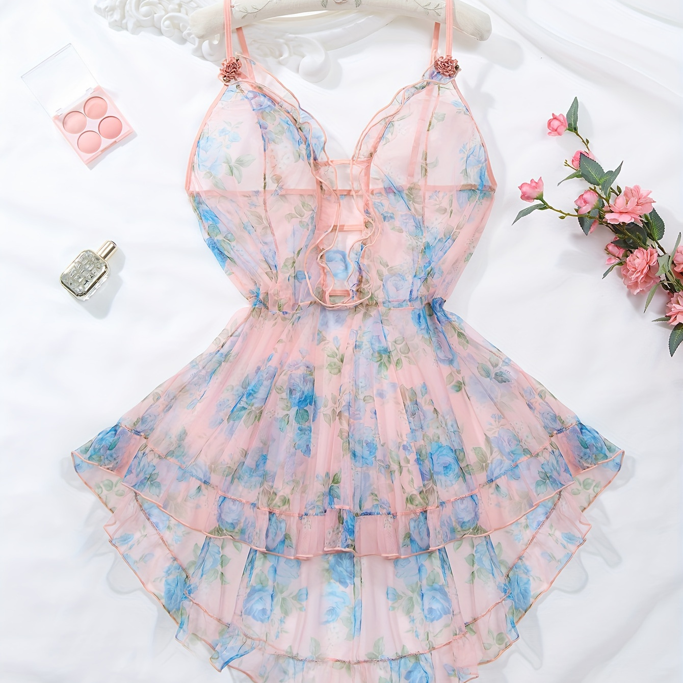 

Chemise de Nuit à Fleurs pour Femmes Grandes Tailles - Sexy Col en V avec Ourlet à Volants, Robe de Nuit en Polyester Transparent, Lavable à - Parfaite pour l'Été