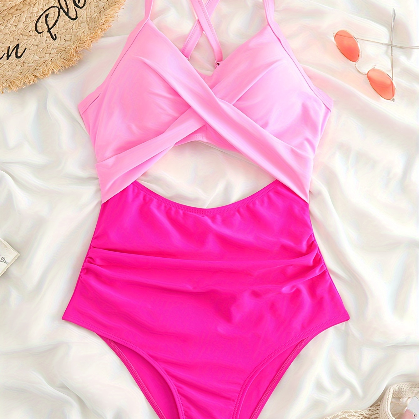 

Color Block Twist Cut Out Stretchy One-piece Swimsuit, Tie Back Criss Cross Ruched Tummy Control Bathing Suits, Women's Swimwear & Clothing Valentine's Day