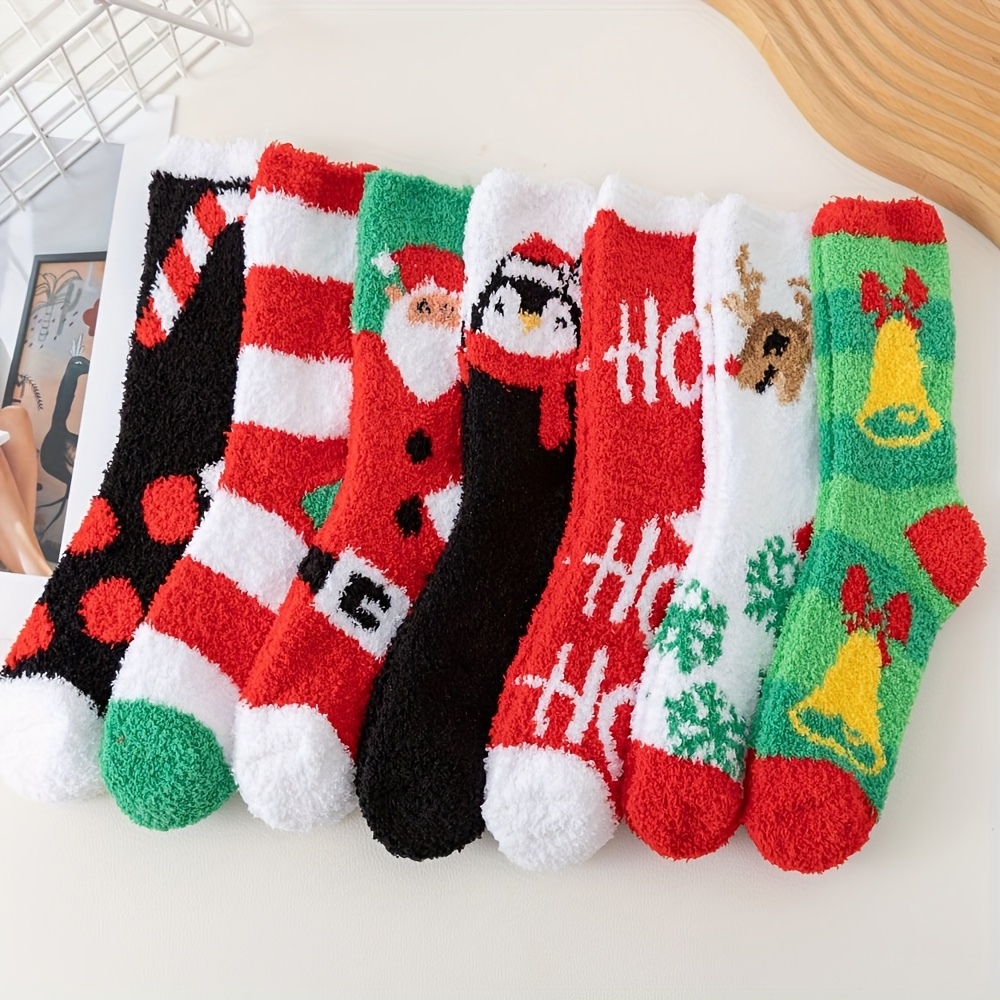 

6/7 Pairs Women's Christmas Socks, Warm Loose Fit, Coral Velvet, Polyester & Spandex, Hand Wash Or , Christmas Pattern, Mid-calf Length, Knit (hook & Loop Fabric)