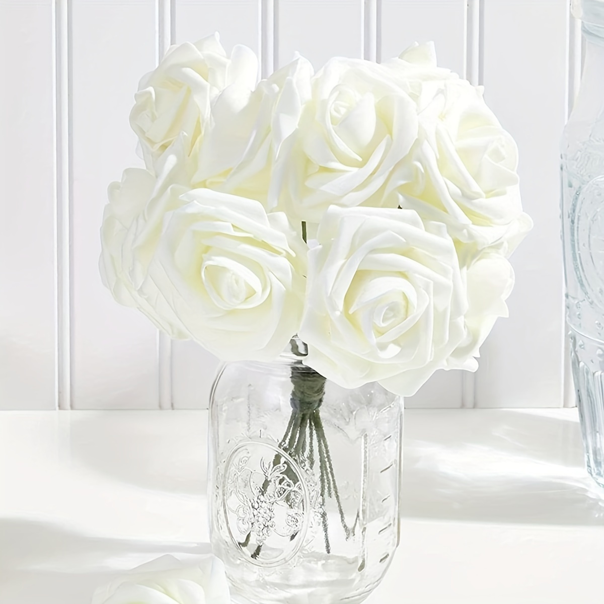 

12pcs Rose Artifiical Flower, Milky White Faux Rose Flower Bouquet, Suitable For Wedding Road Layout, Home Hotel Decoration, Winter Spring Xmas Christams New Year Home Table Decoration