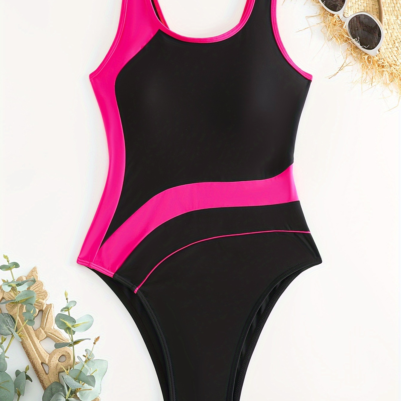 

Backless Color Block Magenta & Black One-piece Swimsuit, Round Neck High Cut Stretchy Water Sports Bathing Suits, Women's Swimwear & Clothing For Koningsdag/king's Day
