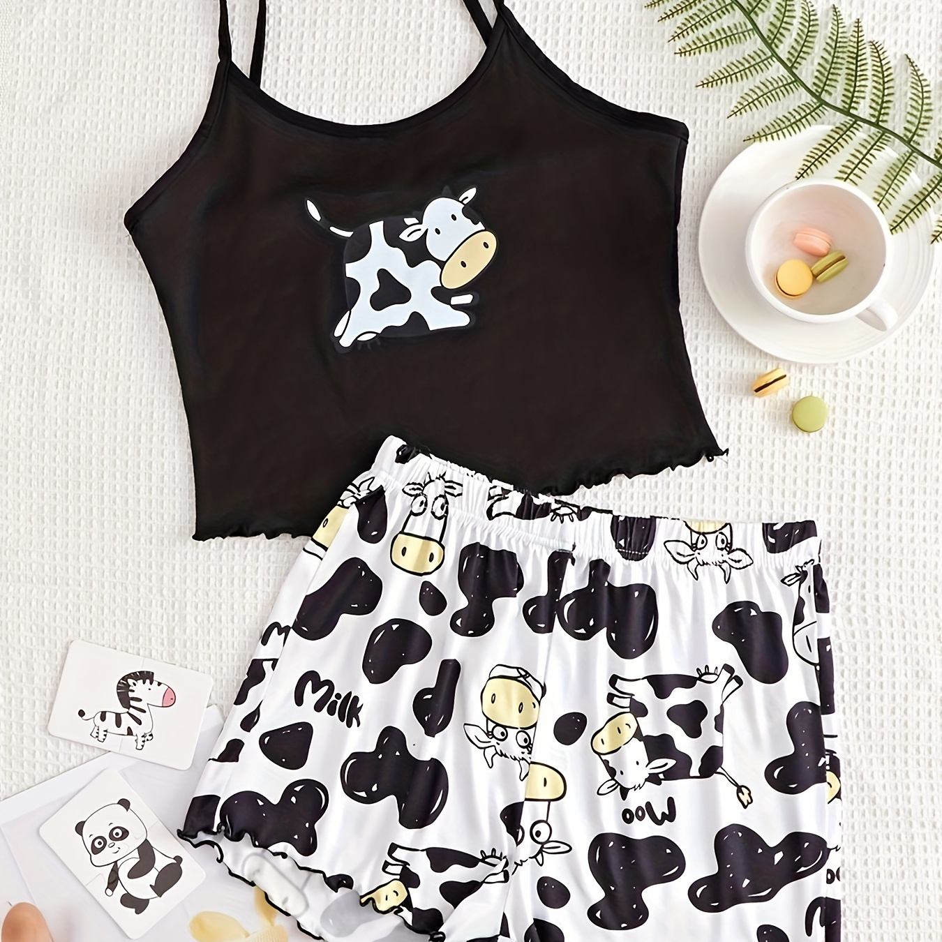 

Cartoon Cow Print Pajama Set, Cute Scoop Neck Cami Top & Lettuce Trim Shorts, Women's Sleepwear & Loungewear