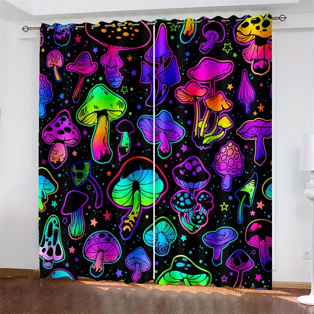 

2pcs, Uv Neon Mushrooms Digital Printed Curtain Living Room Curtains, Grommet Top Curtains Living Room Office Home Decoration