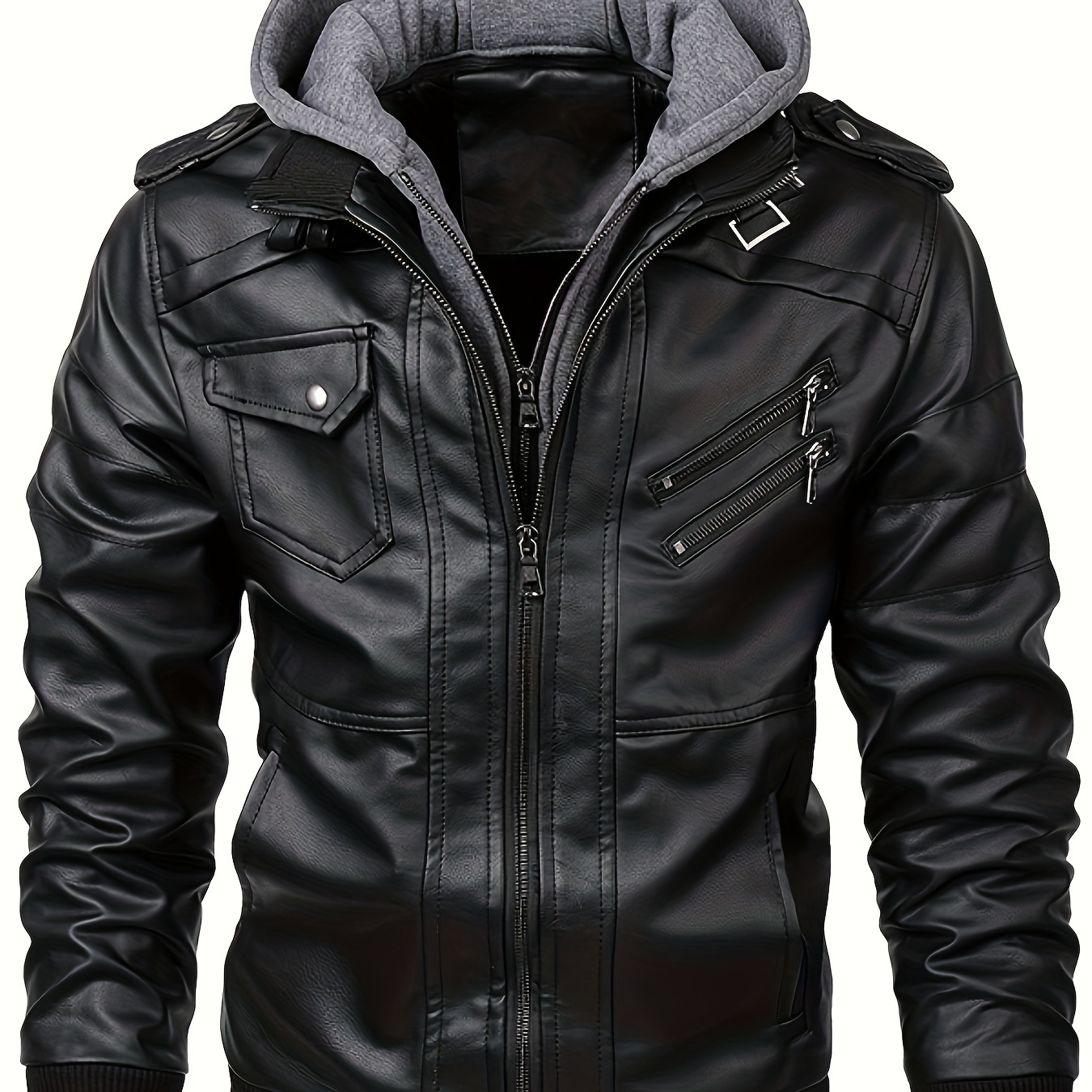 

Men's Pu Leather Jacket With Pockets, Casual Zip Up Long Sleeve Hooded Jacket For Outdoor