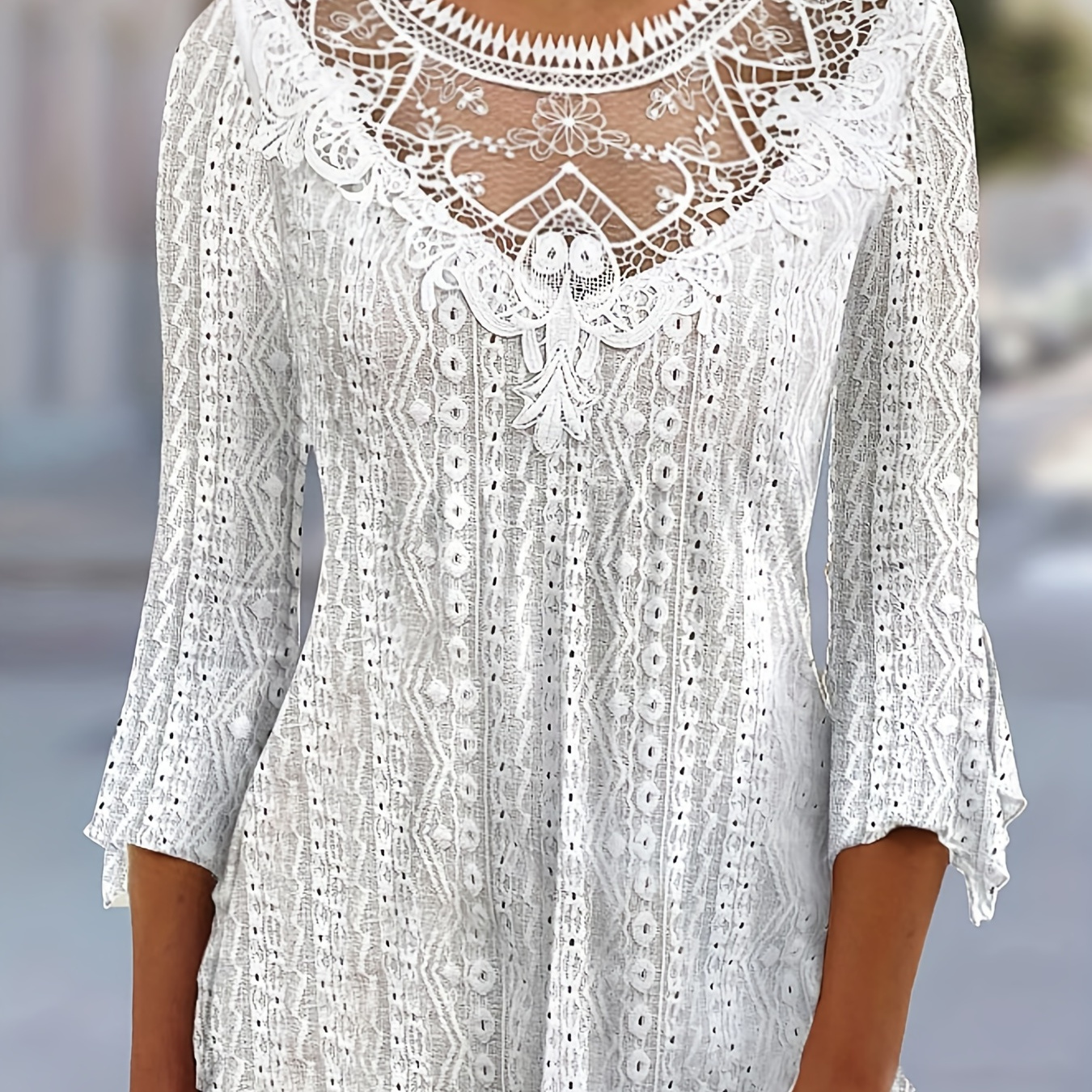 

Contrast Lace Crew Neck Tunics, Casual 3/4 Sleeve Outwear For Spring & Summer, Women's Clothing