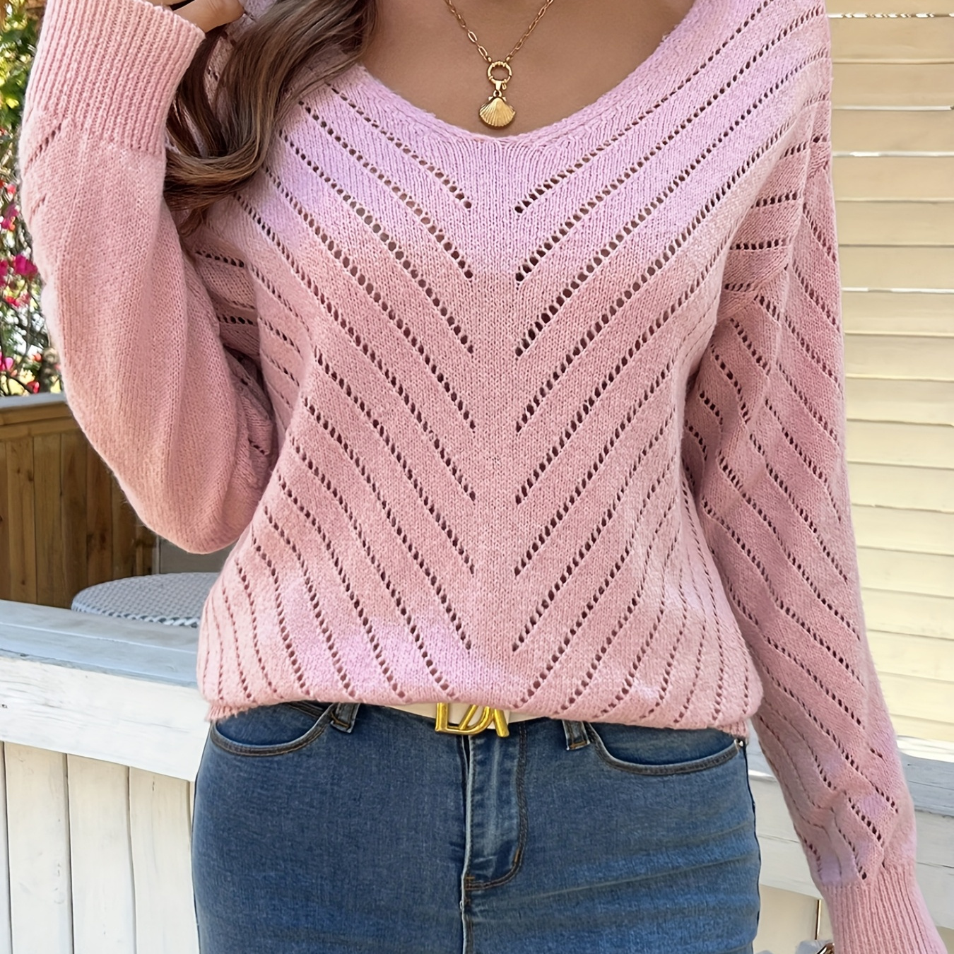 

Chic Solid Color V-neck Knit Sweater With Eyelet Detail - Casual Long Sleeve Pullover For Women, Spring & Fall