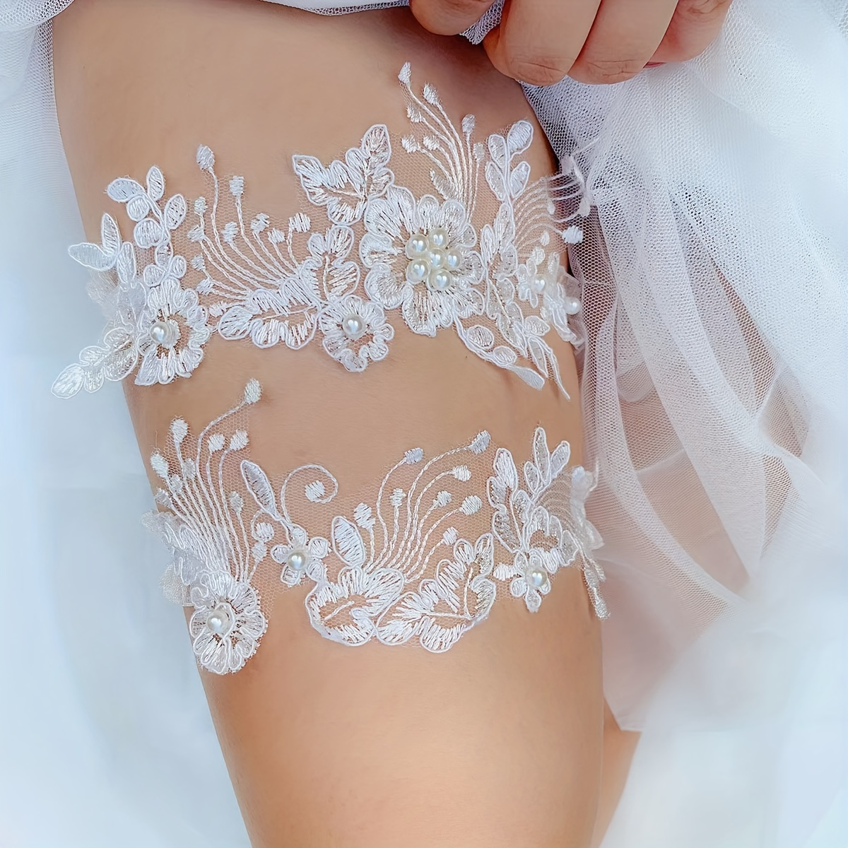 

2pc Bridal Lace Garter Set, Vintage Elastic Leg Ring With Blue Faux Pearls, Sexy Wedding Suspender Belts For Women Body Jewelry