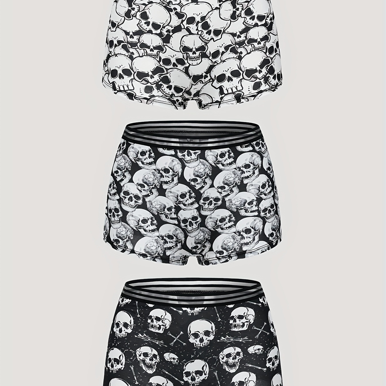 

3pcs Women's Gothic Skull Print Boyshorts - Comfy, Soft, Stretchy Halloween Intimates With Binding, Waistband, Black & White Skull Design, Gothic Or Halloween Outfits