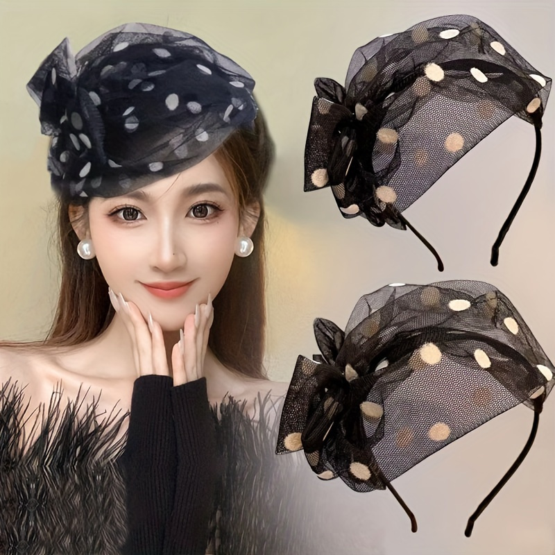 

Elegant Polka Dot Mesh Wide- Headband With Bow, Summer Stylish Banquet Fascinator Cap