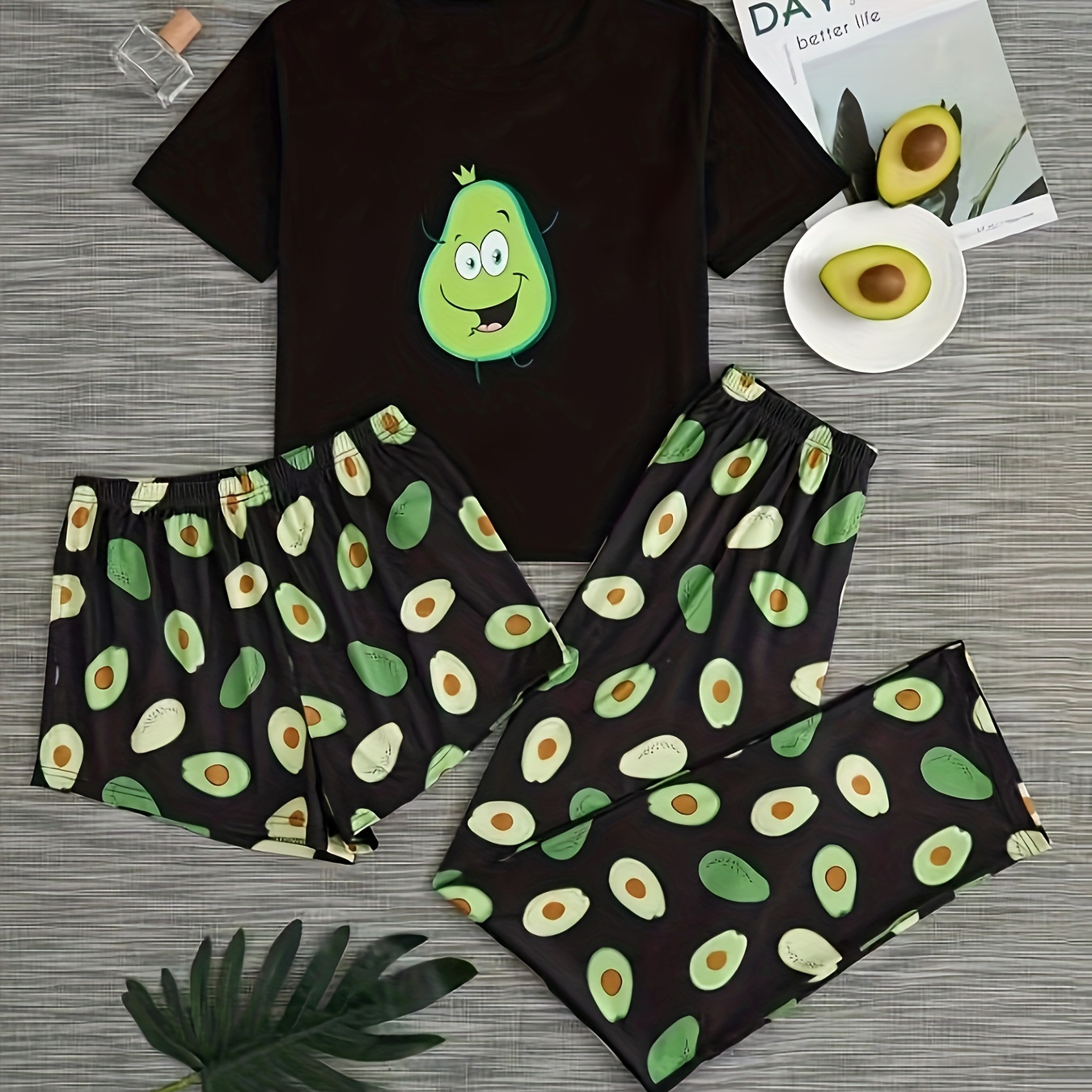 

Women's Printed Avocado Casual 3-piece Pajama Set, Loose Short Sleeve T-shirt With Matching Shorts And Long Pants, Comfort Loungewear