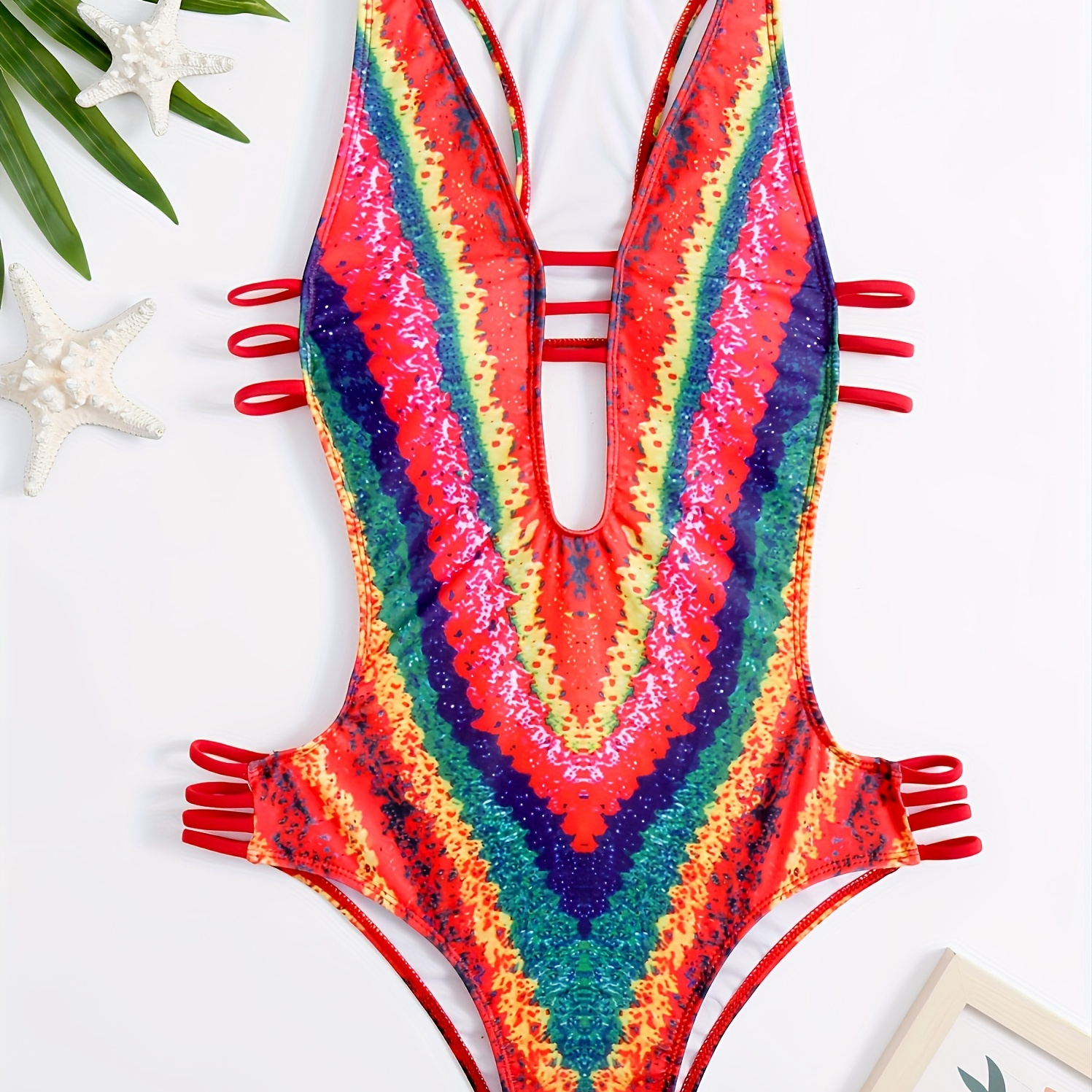

Colorful Circle Smudge Radiant Color Ladder Straps & Side High Cut Plunge Deep V Open Up Back 1 Piece Swimsuit, Pride Style, Women's Swimwear