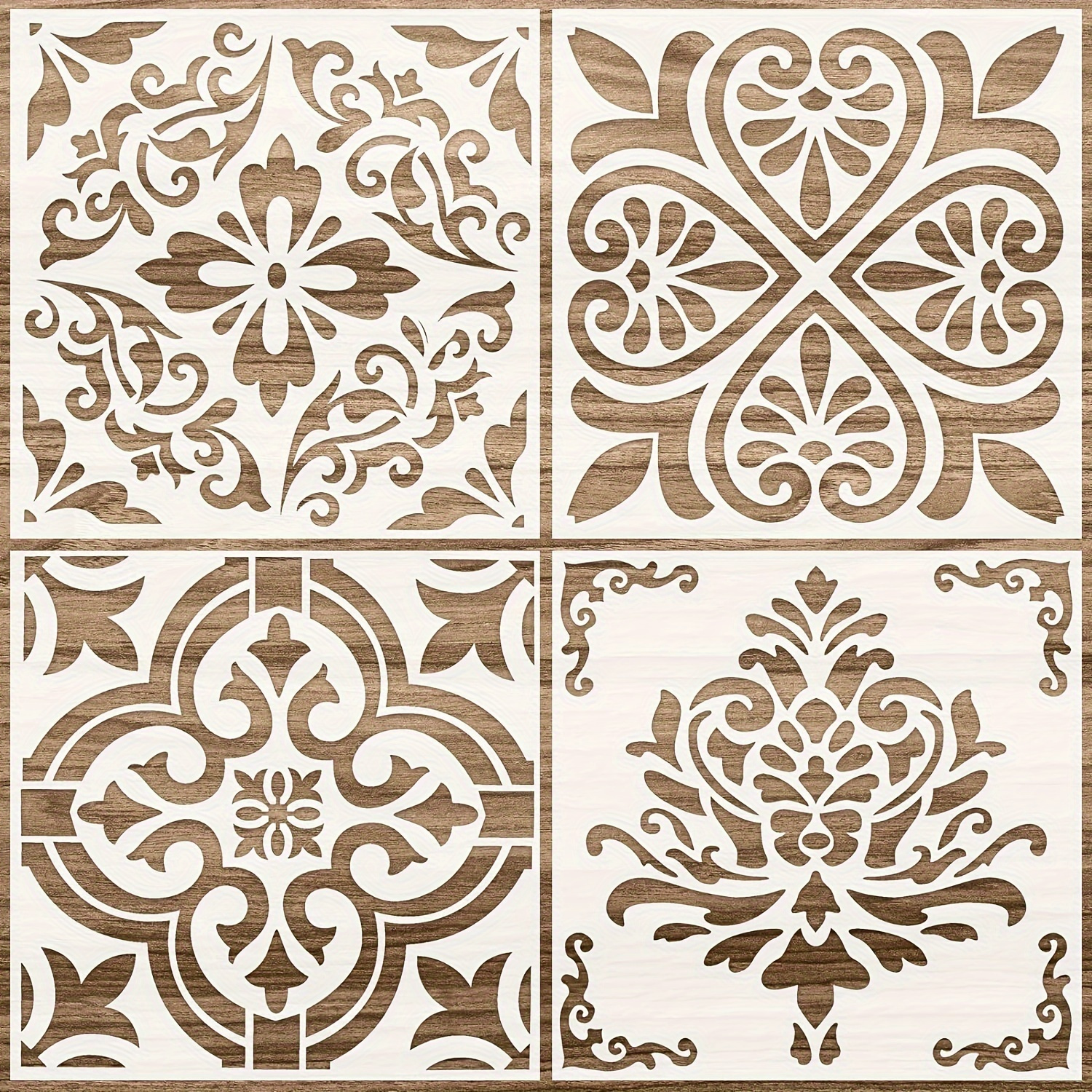 

Reusable Floral Tile Stencils Set For Decor, 4-pack Plastic Painting Templates For Wall, Floor, Scrapbooking, Washable & Flexible Design Patterns, Home Improvement Craft Tools