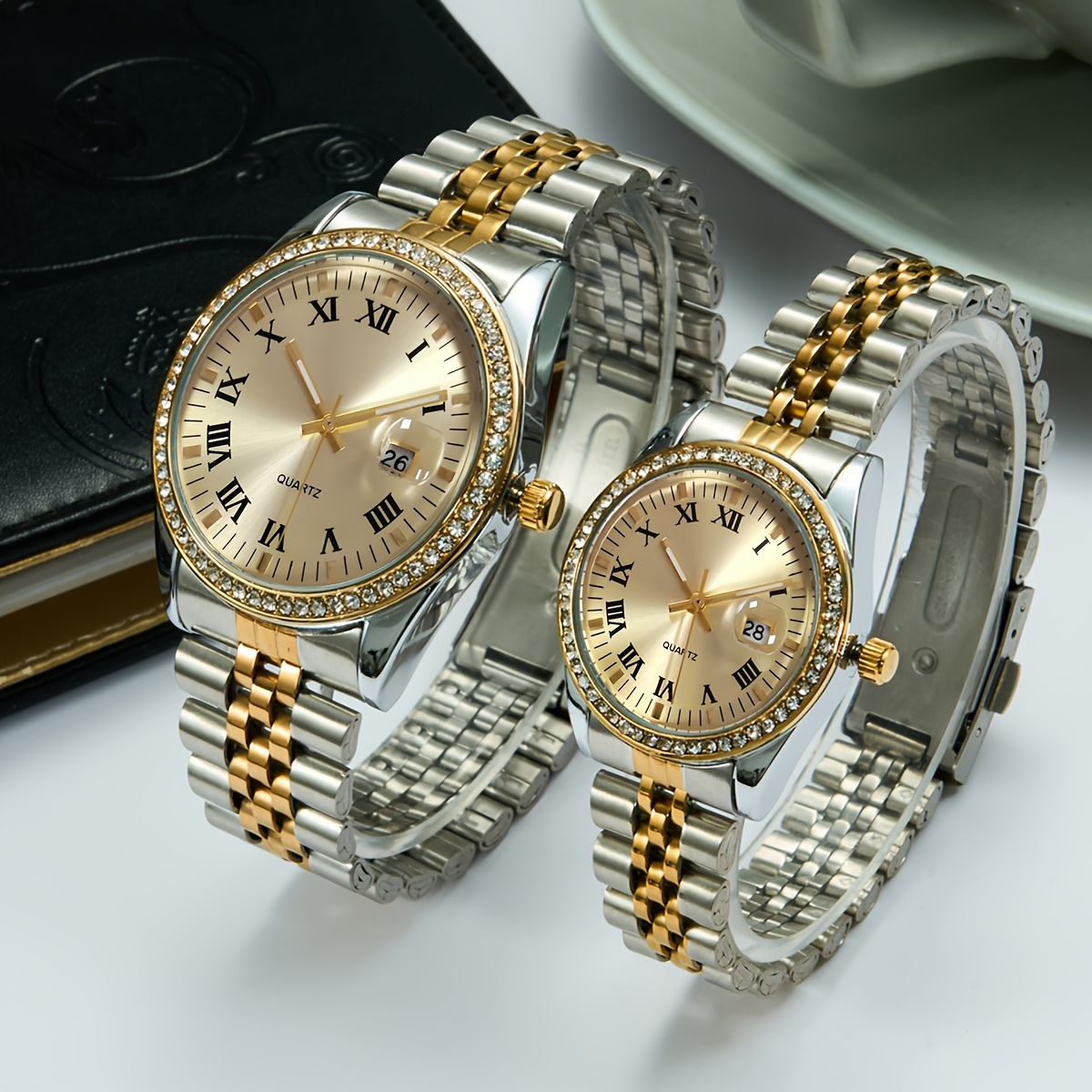 

2pcs Couples Luxury Rhinestone Quartz Watch Business Fashion Analog Stainless Steel Wrist Watch, Valentines Gift For Women Men
