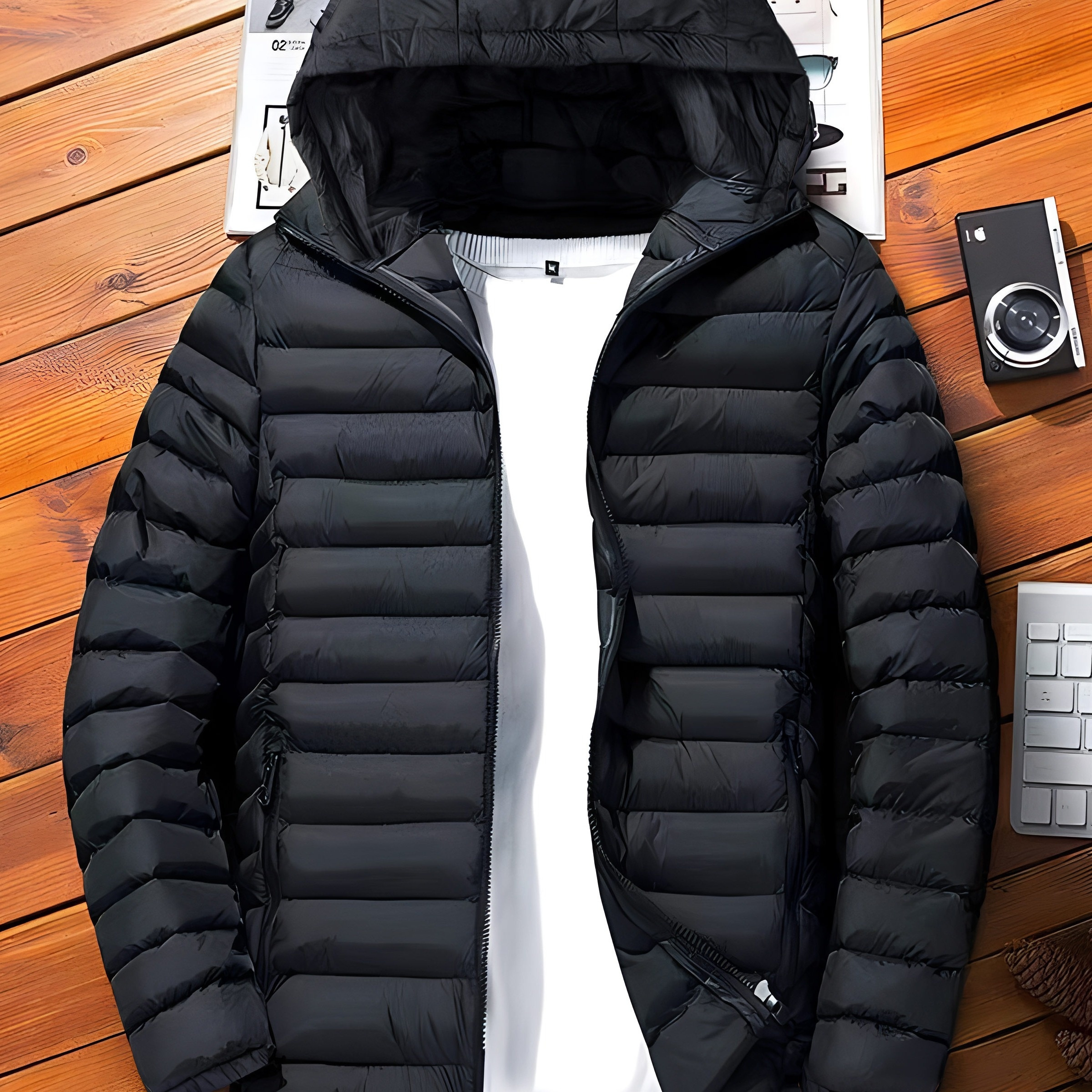 

Men's Loose Solid Puffer Coat With Pockets, Casual Breathable Zip Up Long Sleeve Warm Hooded Jacket For Winter Outdoor Activities